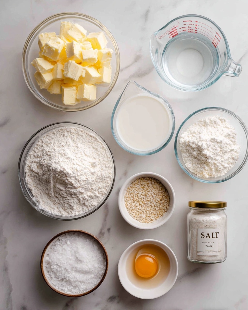 The image shows eight clear glass bowls and jars arranged on a white marbled surface, each holding different baking ingredients. Starting at the top left, there is a bowl filled with chunks of light yellow butter. Next to it on the right is a clear measuring cup filled with white milk, followed by another clear measuring cup filled with water. Below, starting from the bottom left, a large bowl contains white flour. To its right is a smaller bowl with white salt, then an even smaller bowl with light brown yeast granules. Next to these, on the bottom right, is a white bowl holding a raw egg yolk, and a clear glass jar labeled