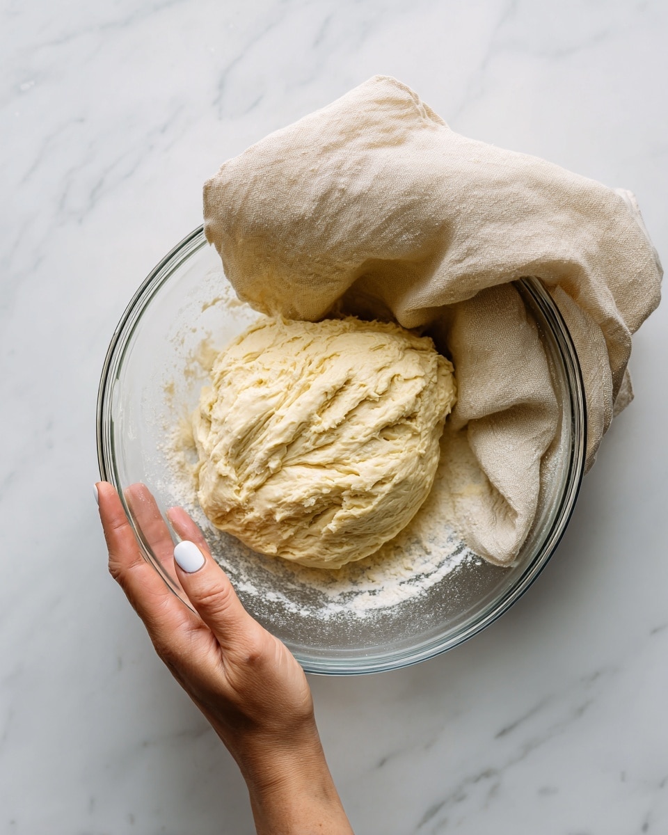 A clear glass bowl sits on a white marbled surface, containing soft, pale yellow dough that is slightly sticky and shaped into a rough mound in the center. The dough has a few small folds and a slightly uneven surface texture. A light beige cloth covers the top half of the bowl, gently lifted by a woman's hand with light skin and neatly manicured nails with white polish. The overall scene is bright with natural light illuminating the textures and colors. photo taken with an iphone --ar 4:5 --v 7