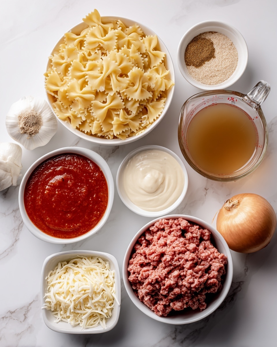 The image shows several white bowls and dishes on a white marbled surface, each holding different ingredients. There is one large white bowl filled with uncooked bowtie pasta that is yellow and textured with ridges. Next to it is a small white bowl with a light brown spice and another small white bowl filled with a pale yellow powder. A square white bowl holds a rich red tomato sauce with a smooth but slightly chunky texture. Another small white bowl is filled with a creamy, white sauce. A white bowl contains shredded white cheese with a soft, stringy texture. A larger white bowl has raw red ground meat shaped into a loose mound. There is a clear glass measuring cup with light brown broth, and an unpeeled yellow onion and a whole garlic bulb rest nearby. The arrangement is clean and bright, with a white marbled background. Photo taken with an iphone --ar 4:5 --v 7