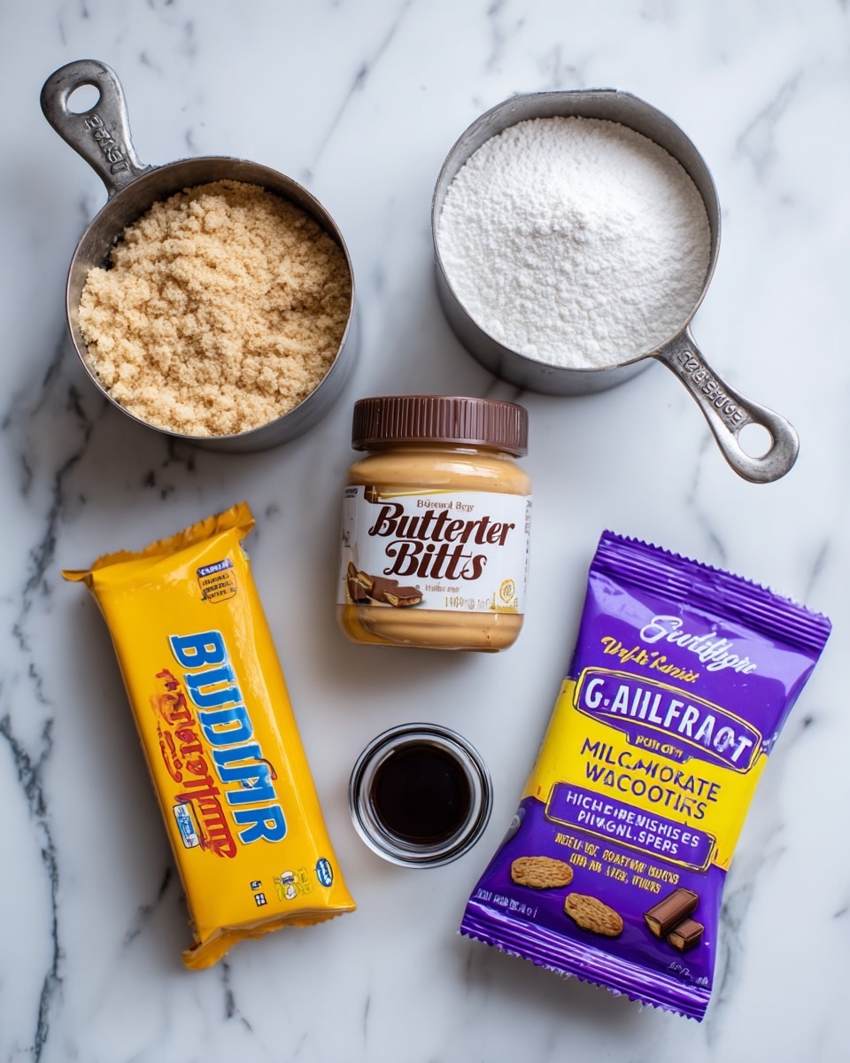 The image shows ingredients for a dessert arranged neatly on a white marbled surface. There are two metal measuring cups; one filled with a light brown crumbly ingredient and the other with white powdered sugar. In the middle, there is a jar of creamy peanut butter with a brown lid. Below the measuring cups, a small glass bowl holds a dark brown liquid, likely vanilla extract. On the right side, there are two brightly colored packages, one in yellow labeled