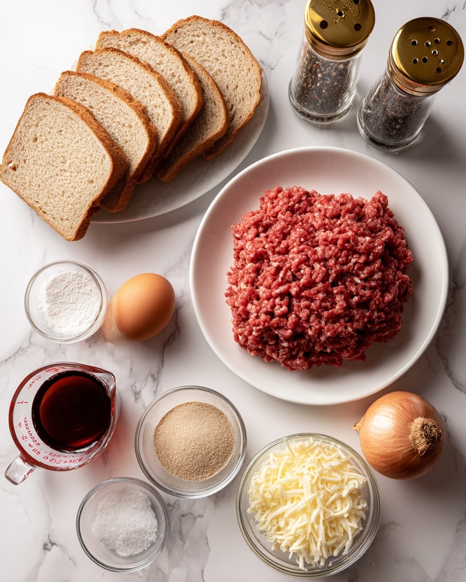 The image shows a neat arrangement of ingredients on a white marbled surface. At the center, there is a mound of raw ground beef with a red, smooth texture on a white plate. Around it, there are several layers of ingredients: to the left, slices of light brown bread stacked in two layers; below the bread, a clear glass bowl holding one brown egg; near the bottom left, a clear glass measuring cup filled with a dark reddish liquid. In the middle, a small white bowl contains beige powder, and next to it, a small clear bowl holds white powder. To the right of the powders, a clear bowl is filled with shredded white cheese. On the far right side, there are glass bottles with gold lids containing black pepper and salt, with labeled tags. Next to the bottles, a light brown onion and a bulb of garlic sit on the surface, both showing natural textures. Photo taken with an iphone --ar 4:5 --v 7