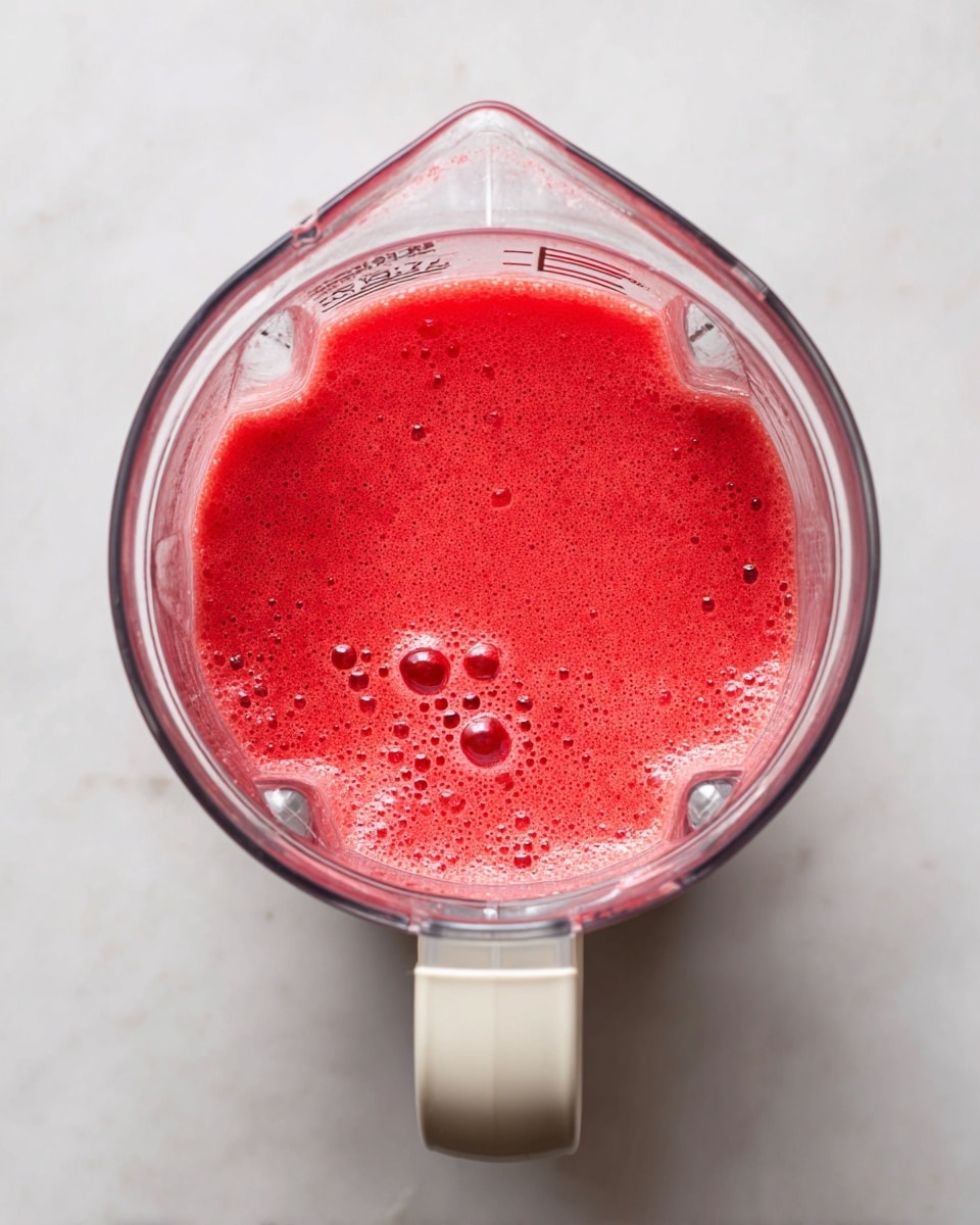 A clear blender jar filled with a bright red, frothy liquid that has small bubbles on the surface, sitting on a white marbled surface. The blender handle is white with a beige grip area, and the jar has measurement markings along the side. The red mixture inside looks smooth with some tiny bits visible, filling about half of the jar. photo taken with an iphone --ar 4:5 --v 7