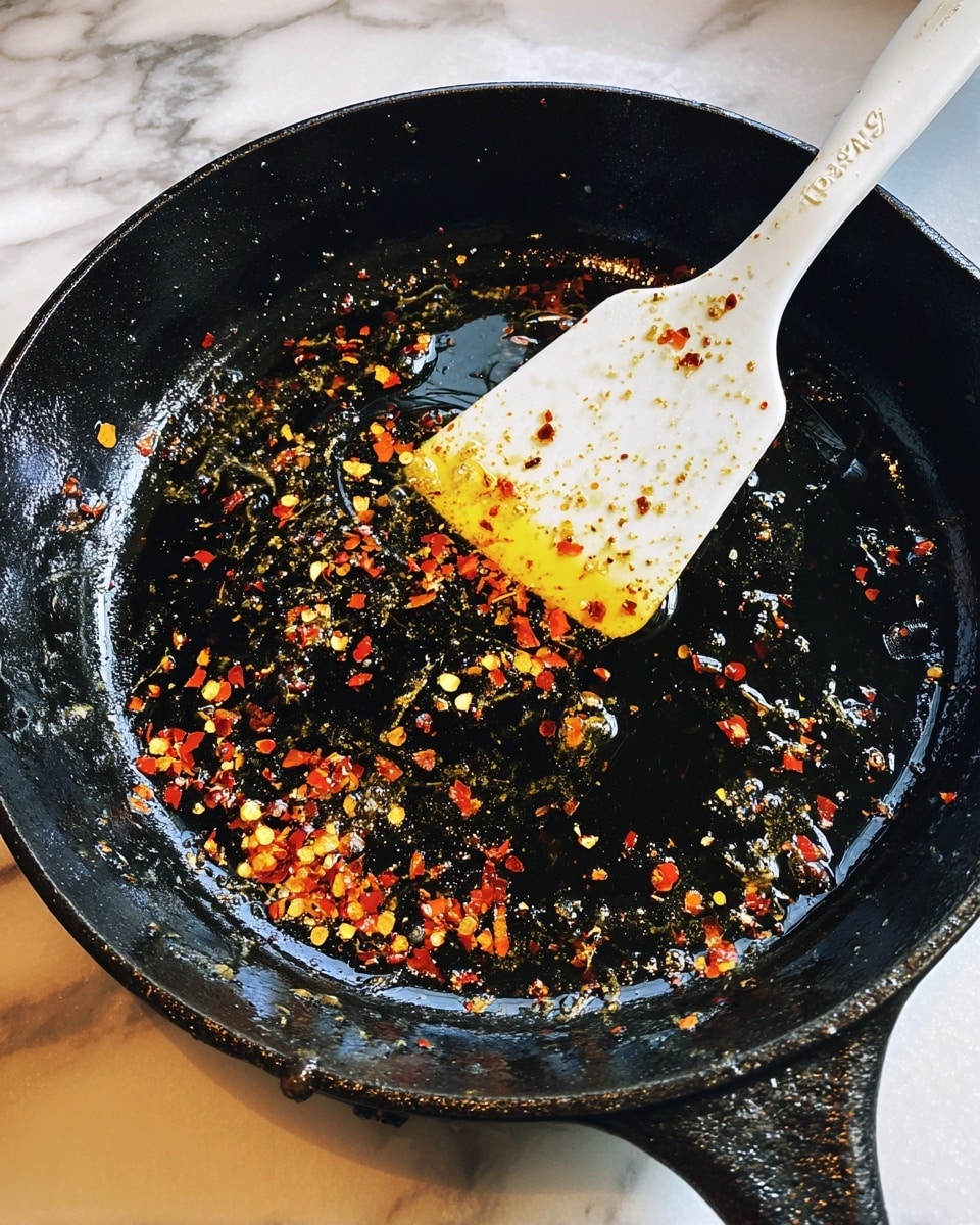The image shows a black cast iron pan with oil spread evenly inside, mixed with red chili flakes floating on the surface. A white spatula rests on the edge of the pan. The setting is on a stovetop, with a white marbled surface visible around. photo taken with an iphone --ar 4:5 --v 7
