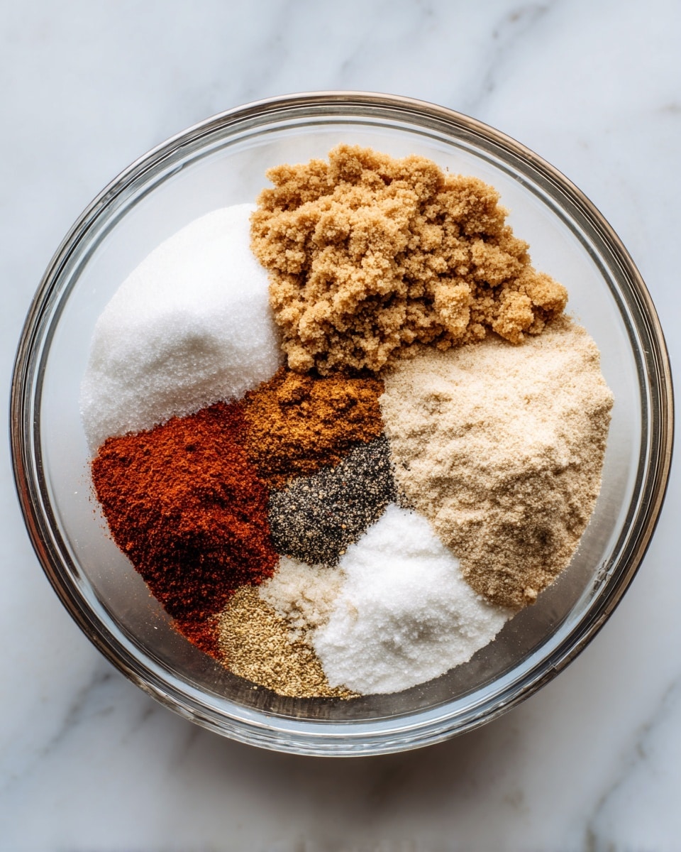 A clear glass bowl is placed on a white marbled surface and inside it are seven separate piles of spices and powders. Starting from the top and moving clockwise, there is a light brown crumbly pile resembling brown sugar, next to it is a large white pile like salt, below that is a reddish spice powder, then a pale beige powder, next is a dark coarse black and gray mix that looks like cracked pepper, near it is a small heap of white powder, and lastly a reddish-brown spice powder close to the center. Each layer sits next to each other without mixing. Photo taken with an iphone --ar 4:5 --v 7