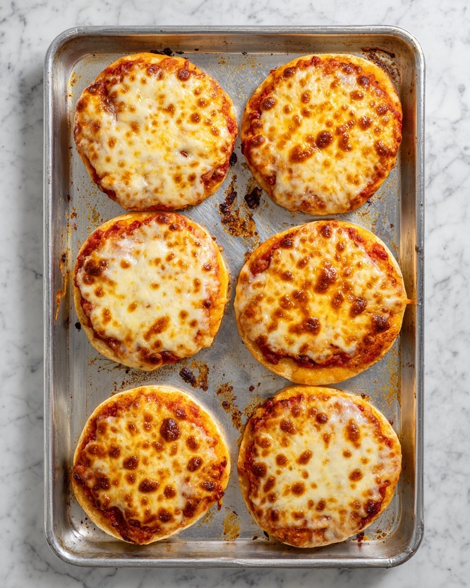 The image shows six small round mini pizzas placed evenly on a silver metal baking tray. Each mini pizza has a golden brown melted cheese layer on top that looks bubbly and slightly crispy in spots. The cheese layer covers the entire top of each pizza, with some cheese melted over the edges. The tray has small spots of browned cheese and crust stuck around the pizzas. The tray is set on a white marbled surface. photo taken with an iphone --ar 4:5 --v 7