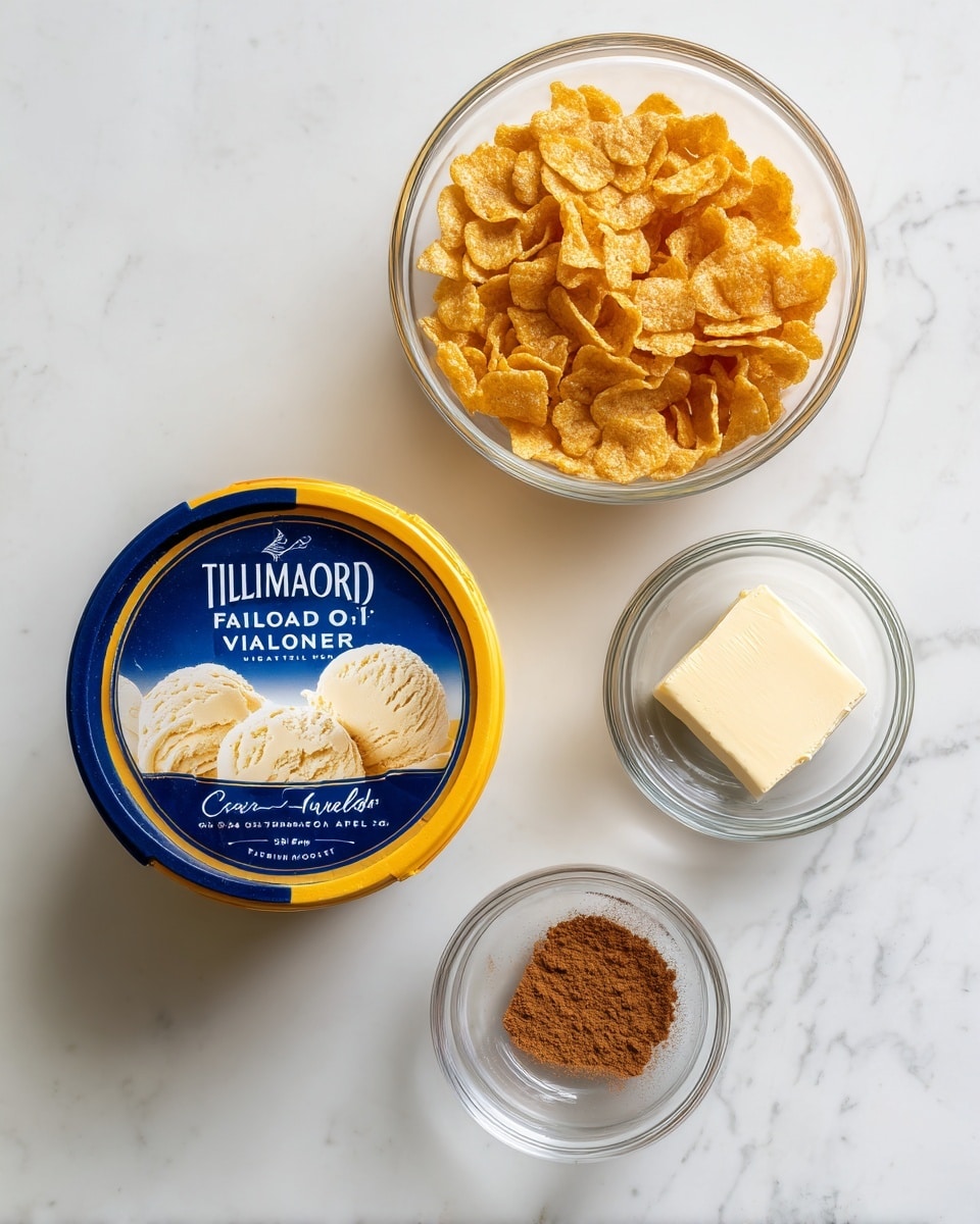 The image shows four items placed on a white marbled surface: a yellow ice cream tub with a navy blue lid labeled