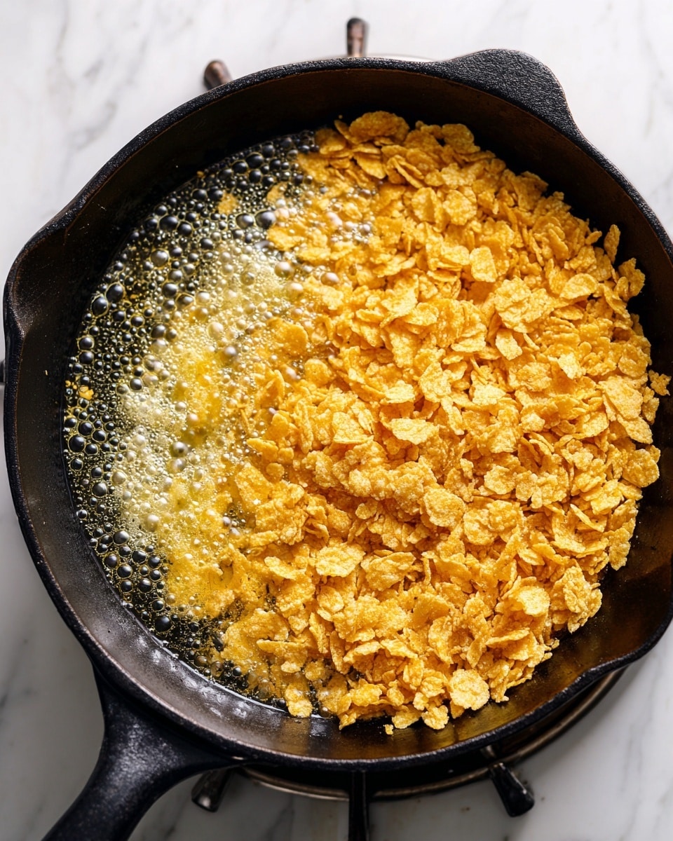 A black cast iron pan shows melted butter bubbling on one side, with a pile of crushed golden cornflakes resting on the other side in the center. The texture of the crushed cornflakes is rough and crumbly, with various small and larger pieces. The pan sits on a silver stove burner with gray grates visible around it, and the background surface is a white marbled texture. Photo taken with an iphone --ar 4:5 --v 7