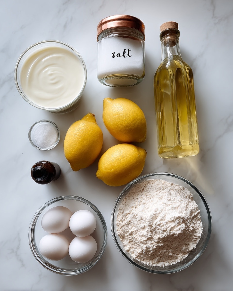 The image shows a top-down view of baking ingredients neatly arranged on a white marbled surface. There are three bright yellow lemons placed closely in the center. Surrounding the lemons, there is a small glass jar with a copper lid labeled