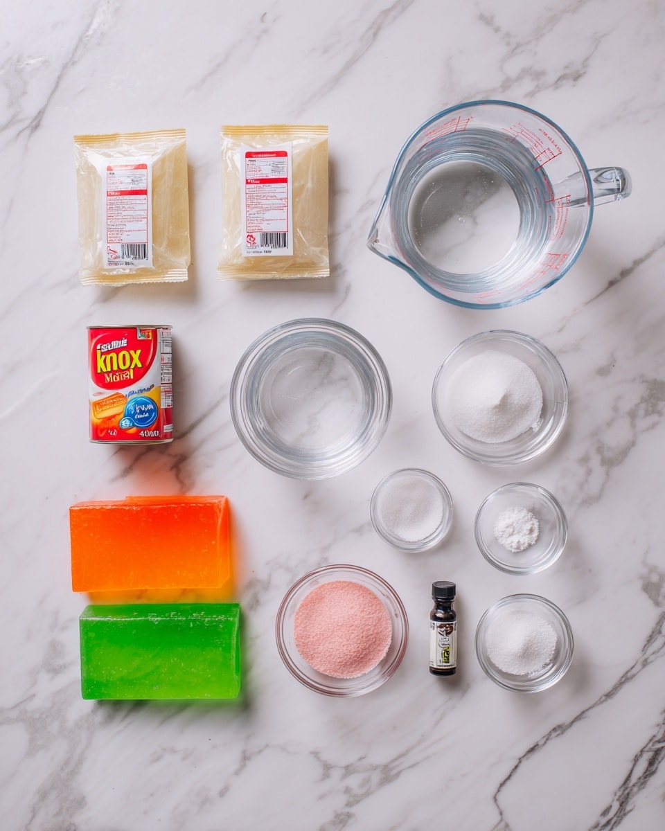 The image shows various ingredients neatly arranged on a white marbled surface. At the top left are two beige packets of Knox gelatin, and next to them is a small red and white can of condensed milk. Towards the right top corner is a large clear measuring cup filled with water. Below on the left is another clear measuring cup with water, and next to it sit two colorful Jello boxes, one orange and one green. In the center is a small clear bowl containing a pink powder. To the right of it are three small clear bowls holding white sugar, a white powder (likely salt or sugar), and a small dark bottle, possibly vanilla extract. The scene is clean and bright, with everything spaced out clearly, capturing the preparation stage of a recipe, photo taken with an iphone --ar 4:5 --v 7