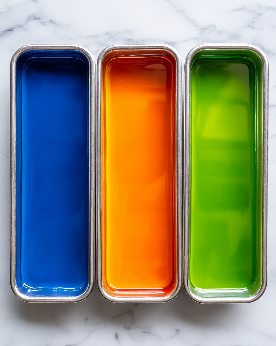 The image shows three rectangular metal trays placed side by side on a white marbled surface. Each tray holds a smooth, glossy liquid layer with a shiny surface. The left tray is filled with a bright, rich blue liquid that reflects light softly. The middle tray contains a deep orange liquid, glowing warmly with a smooth texture. The right tray features a vivid green liquid with a reflective and smooth finish, matching the other trays in size and shape. All trays have a simple, clean look with no patterns or decorations, highlighting the vibrant colors of the liquids. photo taken with an iphone --ar 4:5 --v 7