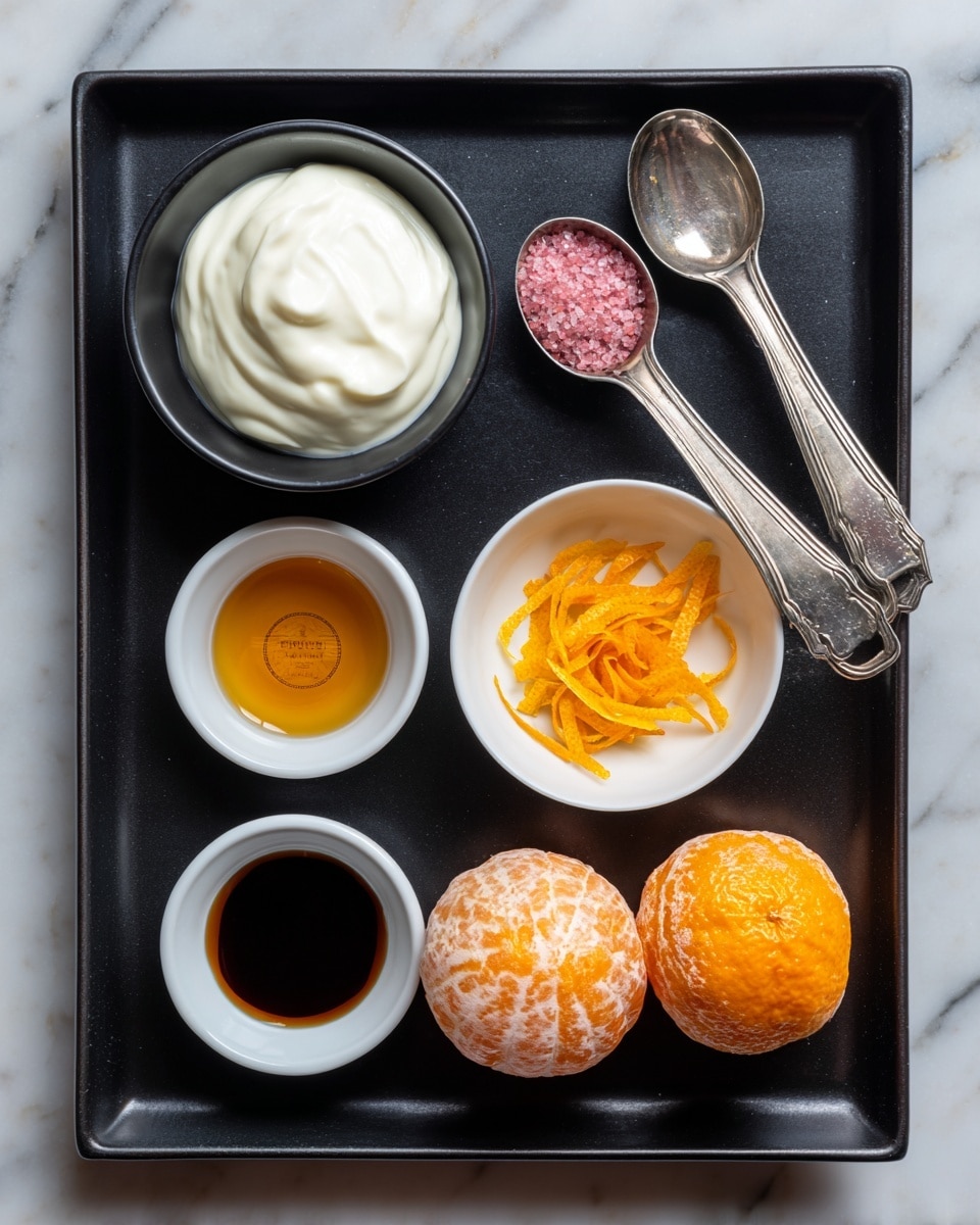 A black rectangular tray holds six items arranged neatly. In the top left corner, there is a small black bowl filled with thick white cream. Next to it on the right, two vintage silver measuring spoons rest on the tray, one containing pink salt and the other filled with thin, bright orange zest strips. Below the bowl of cream, a small white bowl contains honey with a golden amber color. Below the honey, another small white bowl holds dark brown vanilla extract. On the bottom right corner of the tray, two peeled oranges sit side by side, showing light orange and white pith with a slightly rough texture. The tray is set on a white marbled texture surface. Photo taken with an iphone --ar 4:5 --v 7