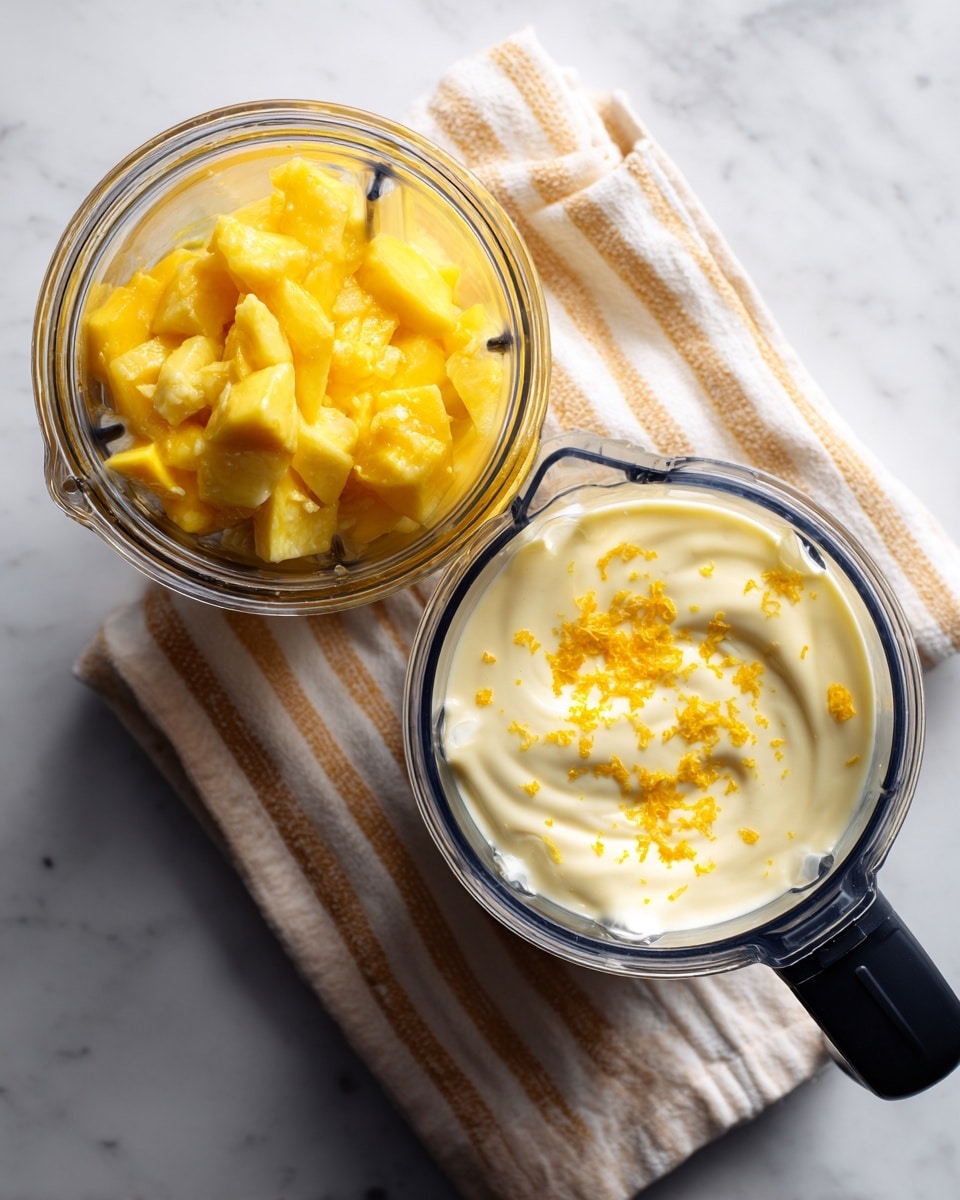 The image shows two clear blender containers placed on a white marbled surface with a striped cloth underneath. The left container is filled with yellow mango pieces and creamy white yogurt, creating a mix of bright yellow and smooth white inside. The right container holds a smooth light yellow mixture topped with small orange zest pieces floating on the surface, looking fresh and creamy. Both blenders have a sturdy black handle on the right side. Photo taken with an iphone --ar 4:5 --v 7