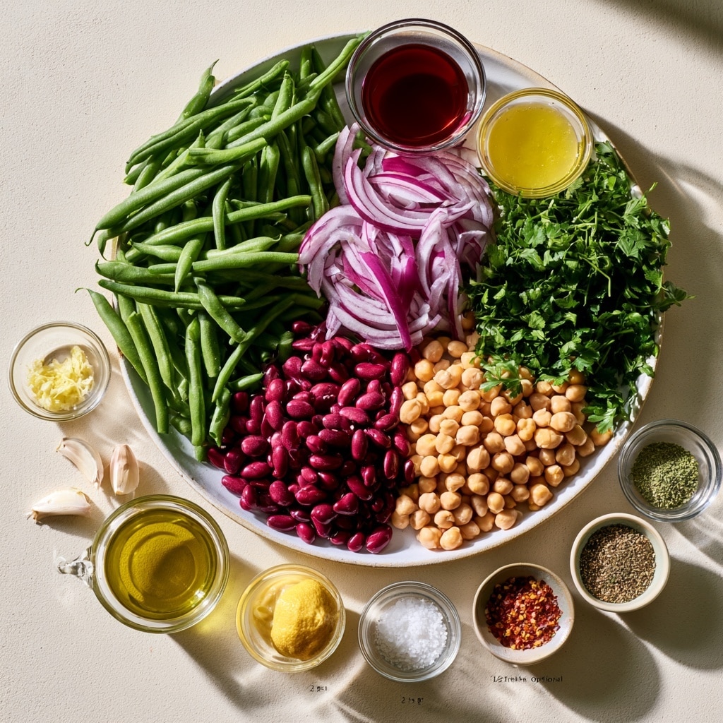 A bowl filled with a mix of bright green cut green beans, small light beige chickpeas, and dark red kidney beans, all evenly spread. Interspersed thin slices of light purple onion add softness and contrast in texture. Small pieces of fresh chopped green herbs are sprinkled on top, giving a fresh and colorful look. The bowl is white and sits on a white marbled surface, showing a clean and fresh setting. Photo taken with an iphone --ar 4:5 --v 7