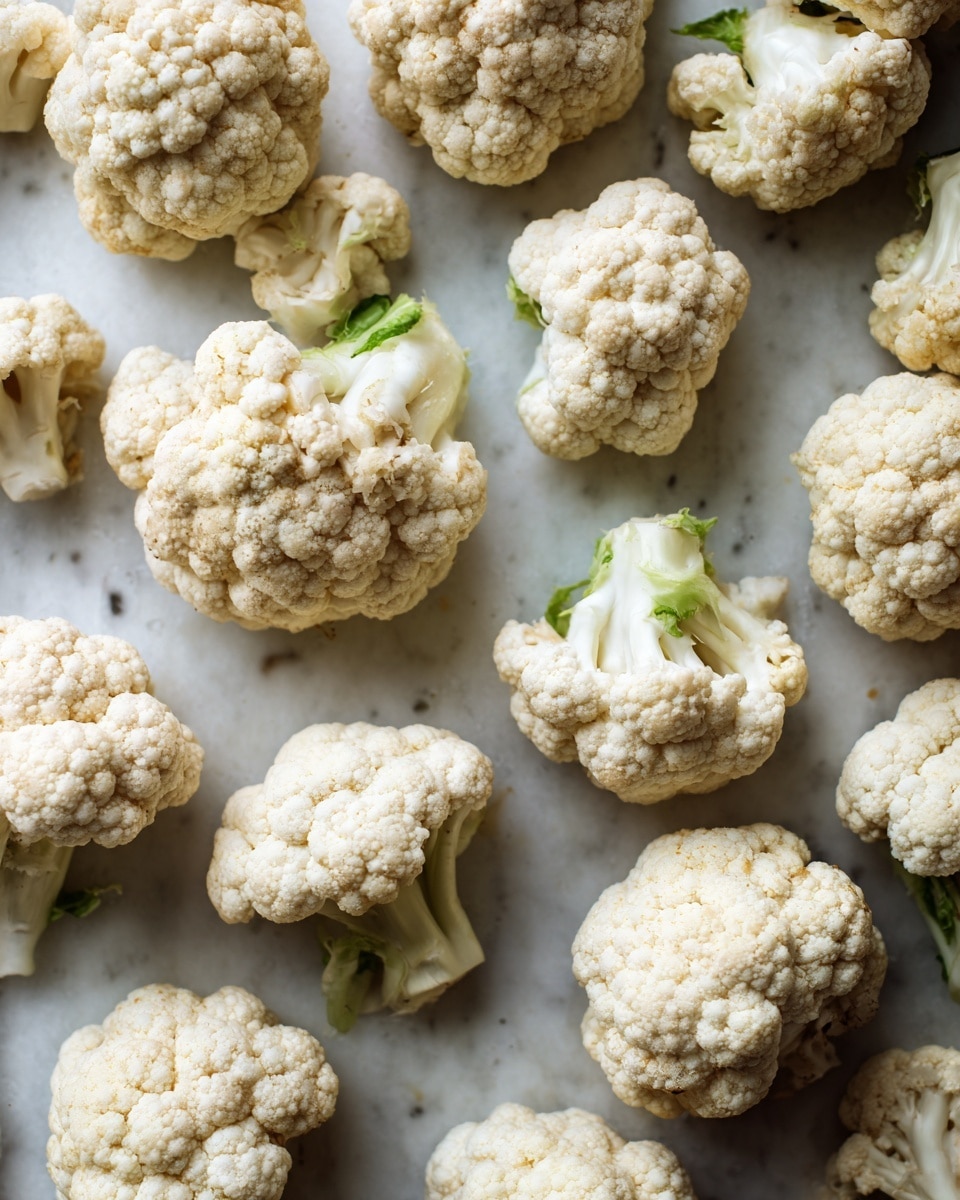 The image shows many pieces of white cauliflower spread out separately on a dark baking tray. Each piece has a rough texture with small bumps and is a mix of off-white and light cream colors. The cauliflower pieces are spaced apart and have stalks attached at the bottom, with some showing little green hints near the stalk area. The background surface under the baking tray is a white marbled texture. photo taken with an iphone --ar 4:5 --v 7