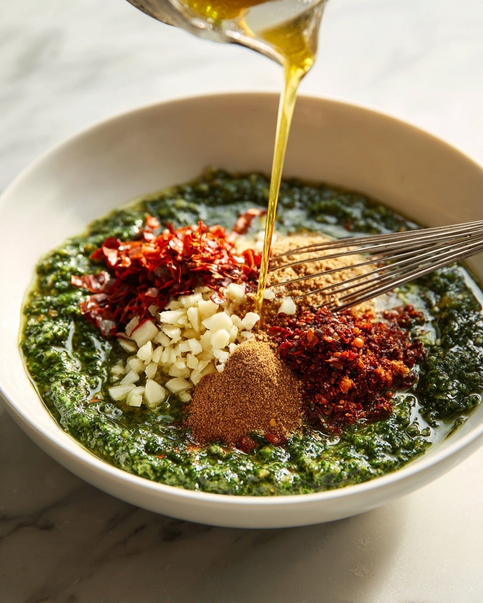 A close-up image shows a white bowl filled with a green sauce base, likely made from finely chopped herbs or greens. In the center of the bowl, there are four main piles of ingredients: bright red chili flakes, small white minced garlic pieces, a brown powder spice, and golden yellow oil being poured in a thin stream onto the mixture. A metal whisk is partly submerged in the bowl, resting on the contents and mixing the ingredients. The bowl sits on a white marbled surface with soft lighting enhancing the colors and textures of the sauce. Photo taken with an iphone --ar 4:5 --v 7
