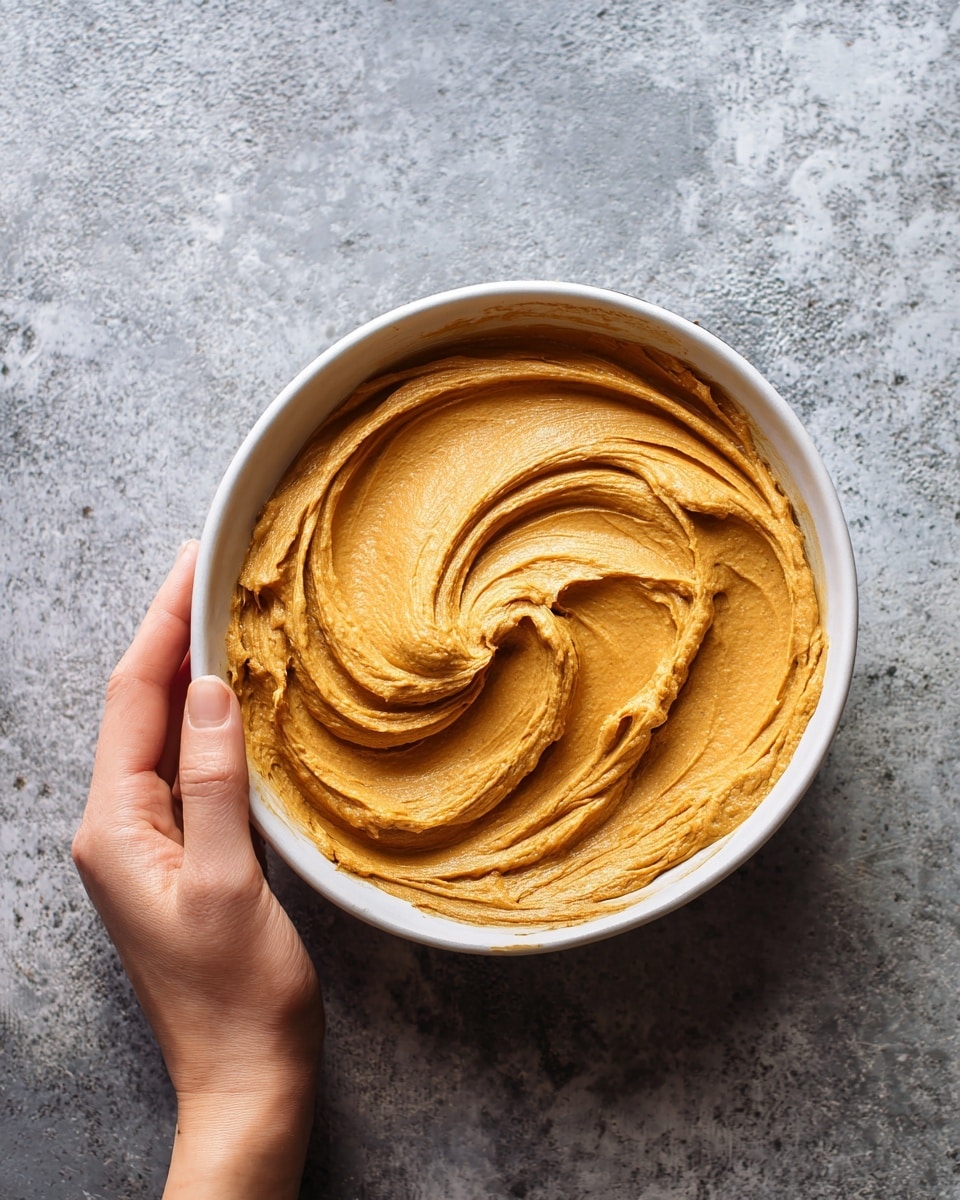 A white bowl filled with one thick layer of smooth, creamy mustard-colored paste, showing swirled textures on the surface. A woman's hand is gently holding the side of the bowl, which is placed on a textured gray countertop. The background includes a metal edge, contrasting with the soft look of the mustard paste photo taken with an iphone --ar 4:5 --v 7