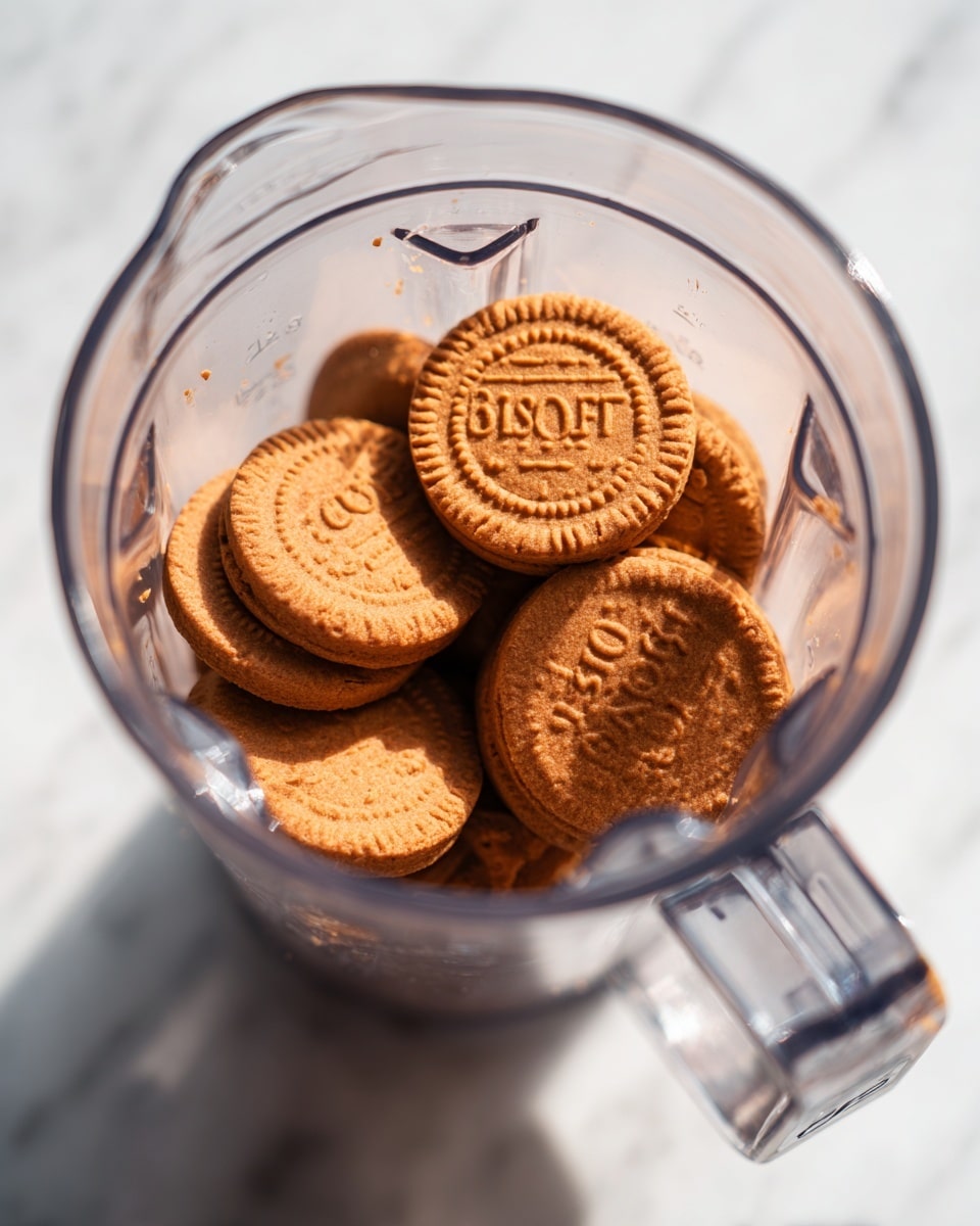 A clear blender jar filled with whole brown Biscoff biscuits stacked unevenly inside, showing the word