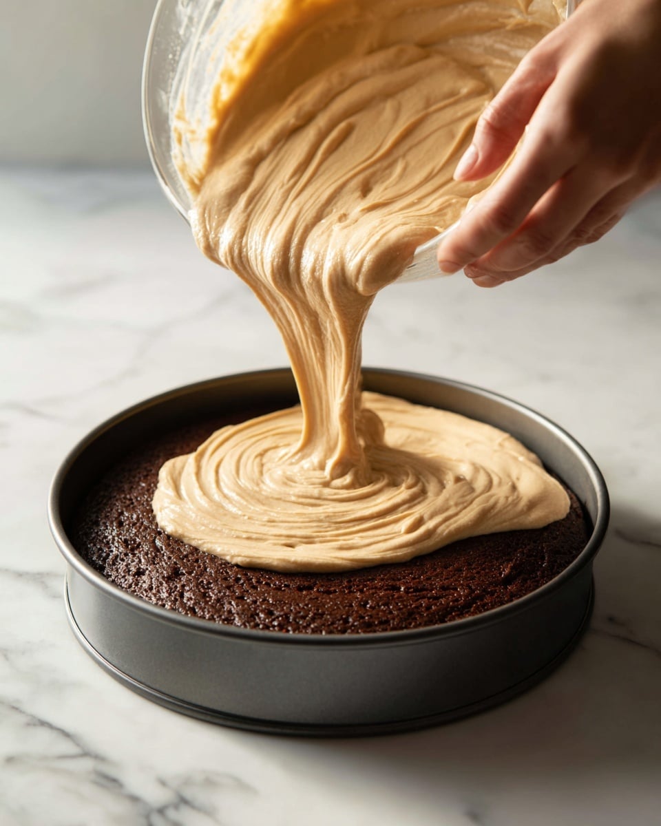 The image shows a round baking pan filled halfway with a thick, dark brown cake layer that has a smooth, even surface. Over this base, a rich, creamy batter of light beige color is being poured in a flowing, wavy pattern from a transparent mixing bowl held by a woman's hand. The batter has a soft, smooth texture and is spreading gently over the dark cake layer. The pan sits on a white marbled surface with soft natural light highlighting the contrast between the dark cake layer and the pale batter. photo taken with an iphone --ar 4:5 --v 7