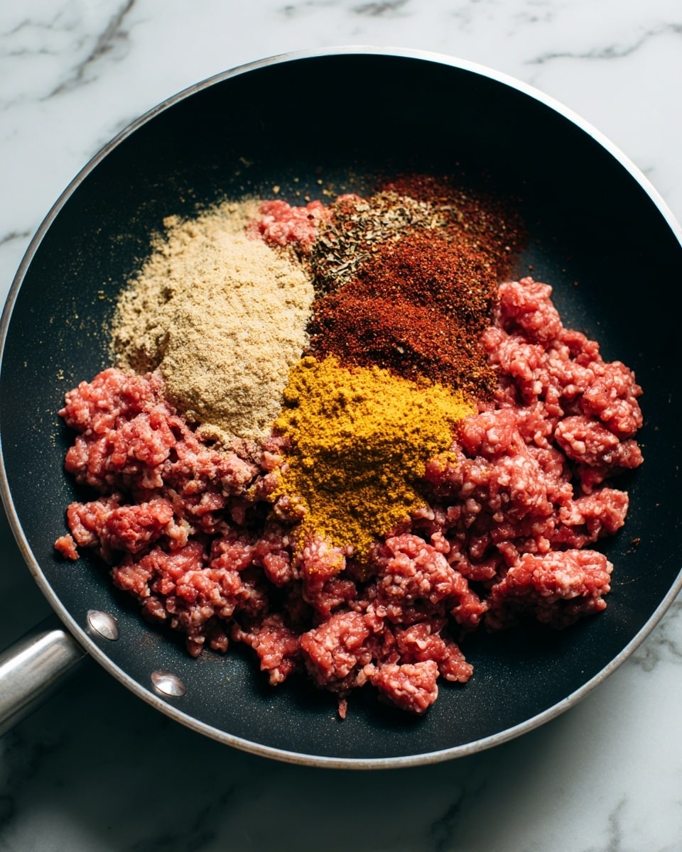The image shows a black frying pan filled with raw ground meat in uneven chunks spread across the pan's bottom. On top of the meat, there are three distinct layers of dry spices: a light tan powder, a dark reddish-brown powder, and a yellow-beige powder, all loosely piled in the center. The pan is placed on a white marbled surface that has a soft, smooth texture. The lighting highlights the meat's moist texture and the spices' fine powdery texture. photo taken with an iphone --ar 4:5 --v 7