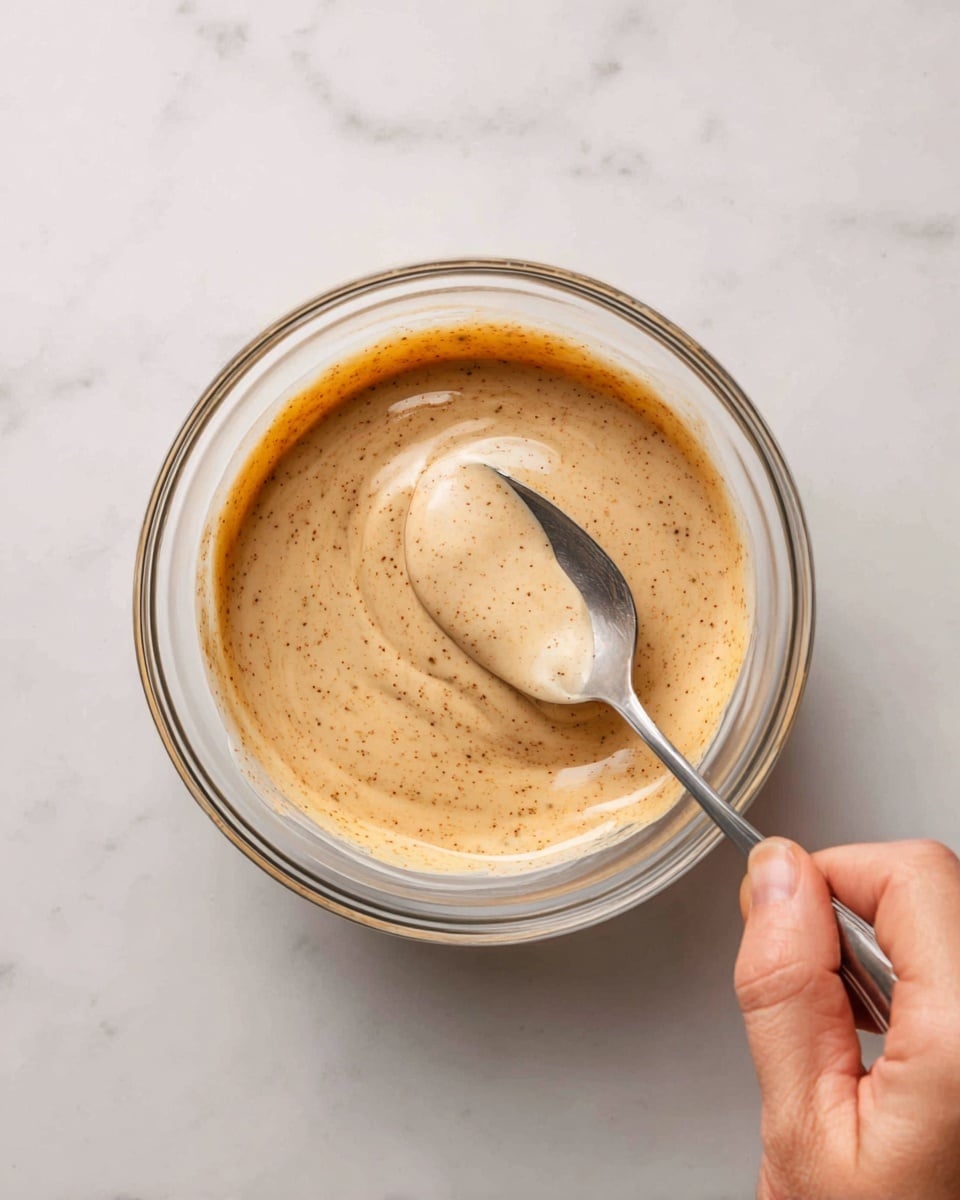 A clear glass bowl filled with a thick, creamy sauce that is light brown with specks of darker color, showing a smooth texture with small lumps. A silver spoon is inside the bowl, scooping the sauce, and a woman's hand is holding the spoon from the lower right corner. The bowl is placed on a white marbled surface. photo taken with an iphone --ar 4:5 --v 7