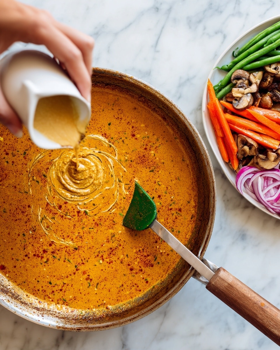 A close-up view of a large pan filled with thick orange-brown curry sauce with visible spices and herbs floating on top. A green spatula is resting inside the pan with its wooden handle pointing outward. A woman's hand is pouring light cream from a small white pitcher into the sauce, creating a swirling effect. To the right, there is a white plate filled with colorful cooked vegetables including green beans, carrots, red onion, and mushrooms. The pan and plate are placed on a white marbled surface. photo taken with an iphone --ar 4:5 --v 7