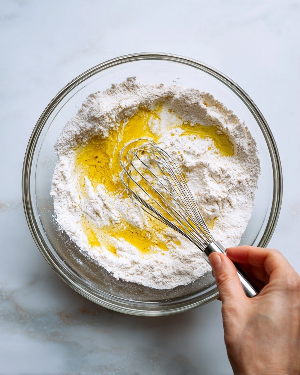 A clear glass bowl containing a mix of white powdered ingredients with patches of golden-yellow liquid oil spread unevenly on top, creating a textured contrast between the powder and liquid. A woman's hand is holding a small metal whisk, lightly stirring the mix in the bowl. The bowl is set on a white marbled textured surface. photo taken with an iphone --ar 4:5 --v 7