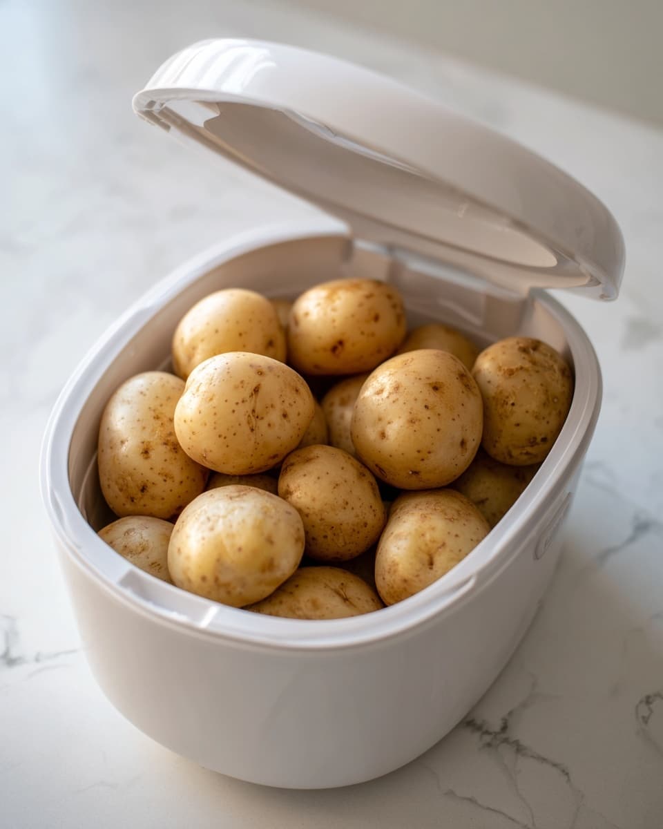 The image shows a close-up of a small white bread maker machine, half open with the lid lifted to reveal a dozen whole, light brown potatoes inside. The potatoes are smooth with small brown spots and slight wrinkles, arranged snugly inside the machine's inner container. The bread maker and potatoes sit on a white marbled surface. The photo captures a soft natural light, highlighting the texture of the potatoes and the white plastic of the machine photo taken with an iphone --ar 4:5 --v 7