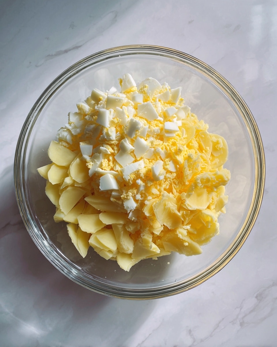 A clear glass bowl is filled with two layers of chopped ingredients: the bottom layer is pale yellow potato pieces with a soft texture, and the top layer is finely chopped hard-boiled eggs with a mix of white and yellow bits scattered evenly. The bowl sits on a white marbled surface, showing some shadows inside. photo taken with an iphone --ar 4:5 --v 7