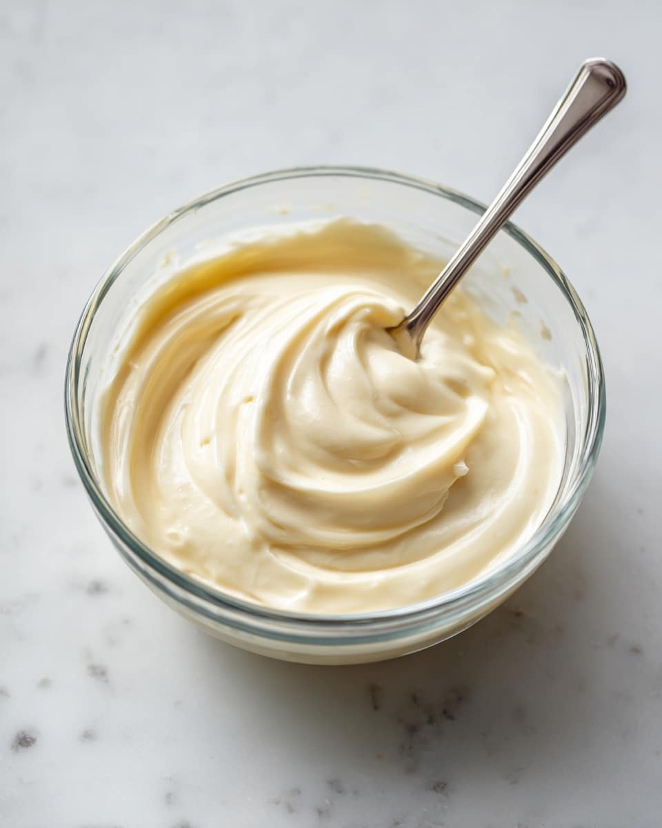 A clear glass bowl sits on a white marbled surface, filled with a creamy, smooth, off-white sauce that has a thick texture. A silver spoon is resting inside the bowl, partially dipped into the sauce, with soft swirls visible where the spoon has moved. The sauce surface looks shiny and slightly glossy, showing gentle peaks and curves from stirring. Photo taken with an iphone --ar 4:5 --v 7