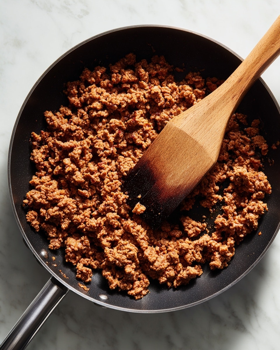 The image shows a black frying pan filled with cooked ground meat that is broken into small crumbly pieces with a brown color and slightly crispy texture. A wooden spoon with a long handle rests in the pan, partly covered by the meat and showing a dark, slightly charred surface. The pan sits on a white marbled counter, and the lighting highlights the texture and color of the meat inside. photo taken with an iphone --ar 4:5 --v 7