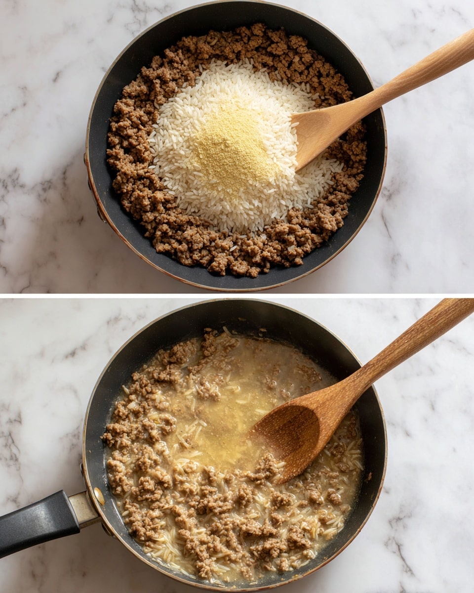 The top image shows a black pan on a white marbled surface with three main layers inside: browned ground meat evenly spread around the edges, a pile of uncooked rice in pale beige color placed in the center, and a small mound of light yellow powder seasoning on top of the meat near the rice. A wooden spoon with a long handle lies in the pan, touching the rice. The bottom image shows the same pan and spoon, but now the rice and meat are mixed with water, creating a wet, simmering mixture with visible rice grains and browned meat chunks blending together. The pan rests on the white marbled surface. Photo taken with an iphone --ar 4:5 --v 7