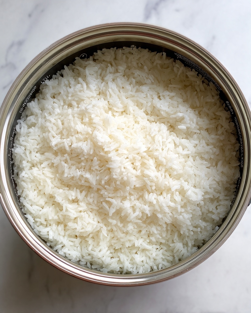 Inside a rice cooker, there is one layer of cooked white rice. The rice grains look soft and separate, filling the cooking pot evenly. The pot has measurement marks on its side inside. The whole scene sits on a white marbled surface. photo taken with an iphone --ar 4:5 --v 7