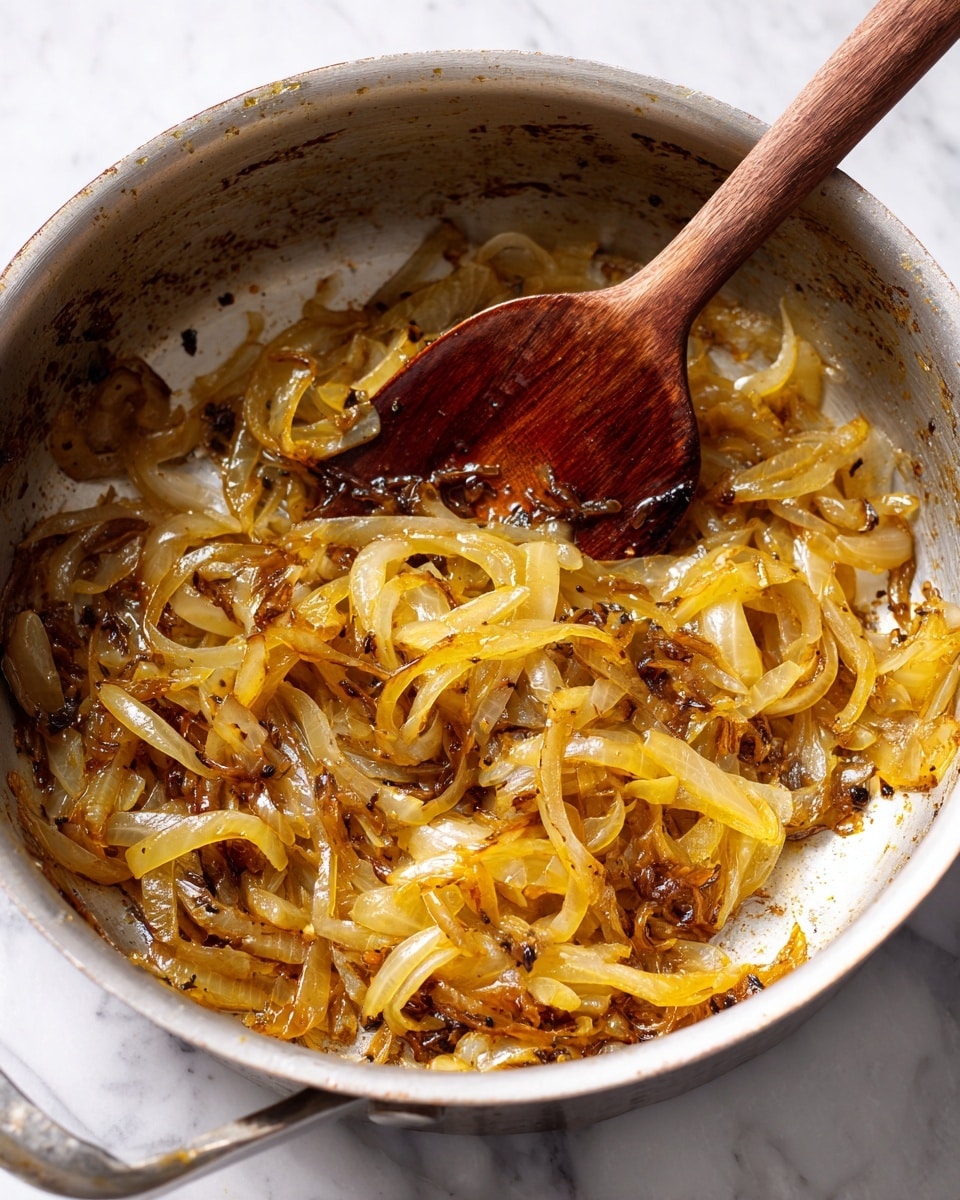 A silver cooking pot filled with caramelized onions, showing layers of soft, translucent yellow strips mixed with darker, brown, slightly crispy edges. The onions have a shiny, oily texture and are being stirred with a wooden spoon that has a rich brown color and a slightly worn surface. The pot’s inner surface is shiny but shows some spots where the onions have stuck slightly. The pot sits on a white marbled surface. photo taken with an iphone --ar 4:5 --v 7