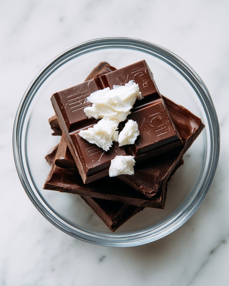 A clear glass bowl sits on a white marbled surface, holding several thick pieces of dark chocolate stacked loosely at the center. On top of the chocolate pieces, there are a few small dollops of solid white coconut oil. The chocolate pieces have smooth, shiny surfaces with some imprinted text, and the bowl's rim is visible, emphasizing its round shape. The overall setting is simple and clean, focused on the contrast between the dark brown chocolate and the white coconut oil. photo taken with an iphone --ar 4:5 --v 7