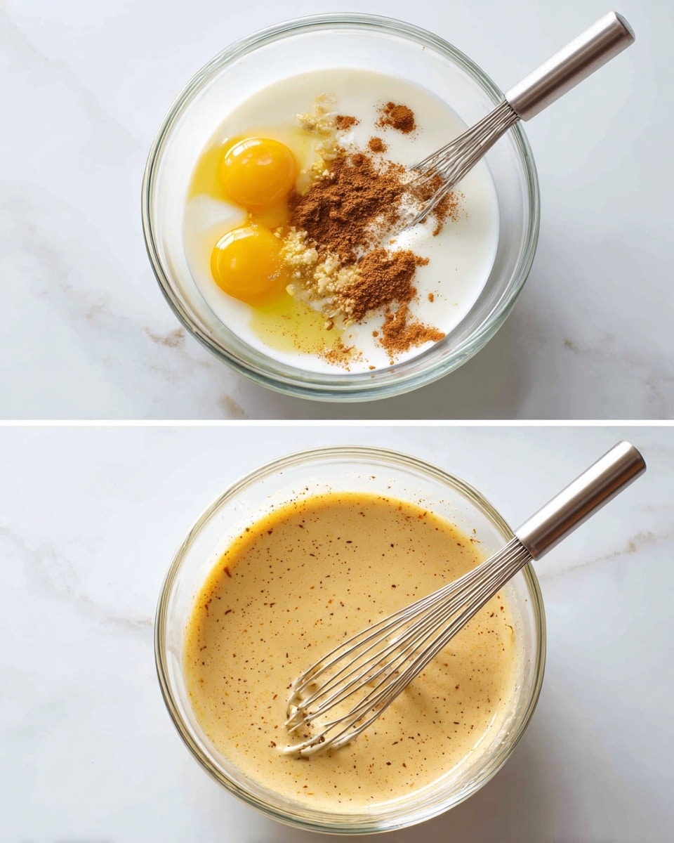 The image is split into two parts showing the process of making a batter in a clear glass bowl placed on a white marbled surface. In the top part, the bowl contains three layers: at the bottom, a white liquid, likely milk or cream, topped with two yellow egg yolks and a few brown powders, probably cinnamon and nutmeg, scattered around. A metallic whisk rests on top of these ingredients. In the bottom part, the ingredients are mixed into a smooth, light brown batter with tiny darker specks throughout, and the metallic whisk lies partially submerged on the right side of the bowl. Photo taken with an iphone --ar 4:5 --v 7