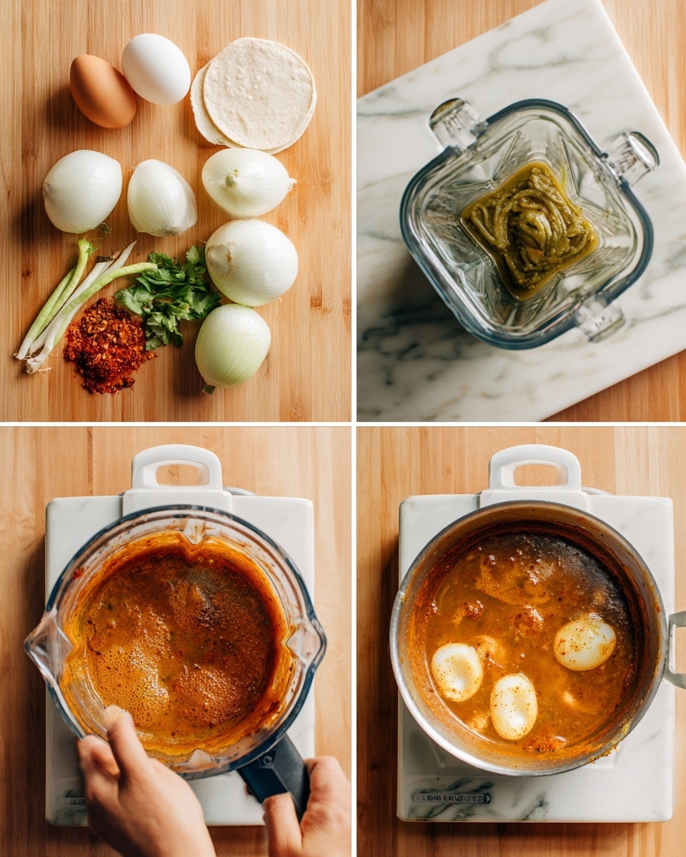 The image shows four steps of making a sauce. The first step shows a blender cup placed on a light wooden surface with a stack of white tortillas, some eggs, and two woman’s hands nearby; inside the blender, there are two peeled white onions, a green chili, some herbs, and a red ingredient at the base. The second step shows the blender cup on the same surface, now filled with a smooth green-brown paste. The third step features a close-up of a pot on a white marbled surface with a thick orange-brown sauce inside, bubbling gently. The fourth step shows the sauce in the pot boiling with some white creamy spots on the surface, steam rising from the pot. Photo taken with an iphone --ar 4:5 --v 7