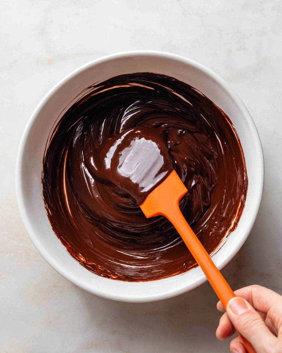 A close-up image of a shiny, smooth dark chocolate mixture in a white bowl. The chocolate is thick and glossy with some ripples on the surface. An orange spatula held by a woman's hand is dipped into the chocolate, coated fully, showing the creamy texture. The background is a white marbled surface, adding a clean and bright look to the scene. photo taken with an iphone --ar 4:5 --v 7