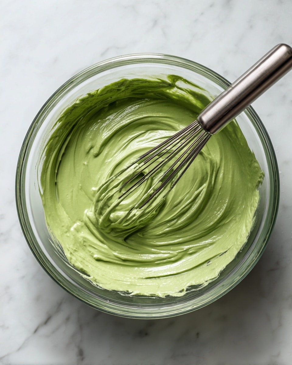 A clear glass bowl holds a thick, smooth green mixture that looks creamy and rich. The mixture coats the bottom and sides of the bowl unevenly, showing some swirls and soft peaks. A silver whisk with a metal handle rests inside the bowl, partly covered with the green mixture. The bowl sits on a white marbled surface. Photo taken with an iphone --ar 4:5 --v 7