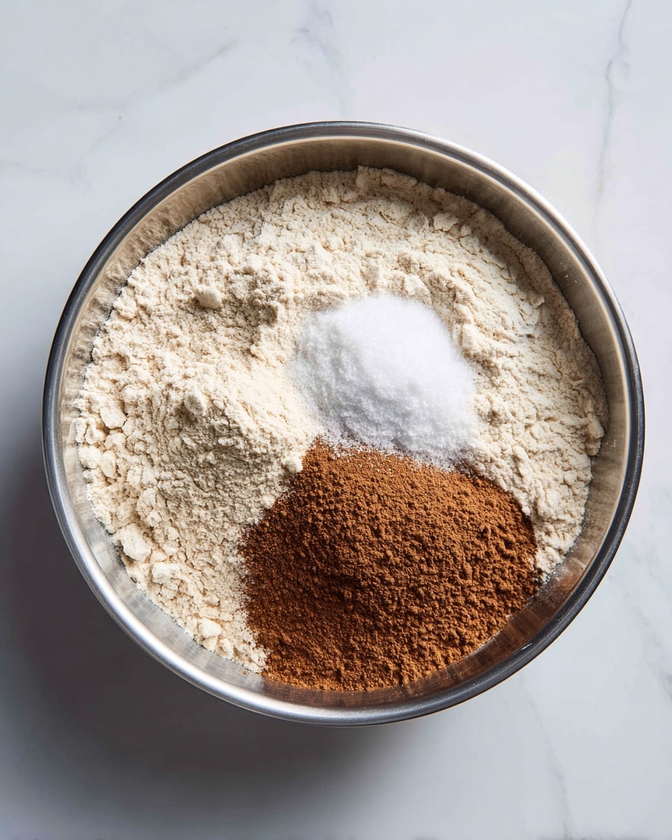 A round metal bowl filled with dry ingredients on a white marbled surface. Inside the bowl, there are three layers of powder: a large layer of light beige flour spread evenly covering most of the bowl, a smaller mound of white baking soda near the center, and a medium pile of brown cinnamon powder to the right side of the baking soda. The powders each have a soft texture with slight shadows showing their shape inside the bowl. photo taken with an iphone --ar 4:5 --v 7