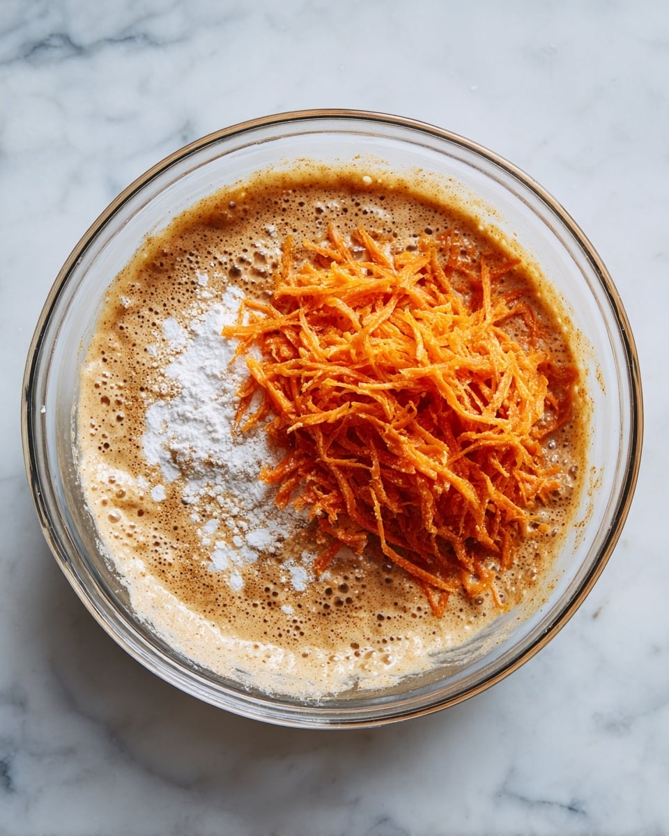 A clear glass bowl sits on a white marbled surface, filled halfway with a thick light brown batter that has bubbles on the surface and some white powder sprinkled around the edges. On the left side of the bowl sits a large pile of bright orange shredded carrots, distinct in texture and color from the batter. The carrots cover about one-third of the surface inside the bowl, while the batter fills the rest with a rough, uneven texture. photo taken with an iphone --ar 4:5 --v 7