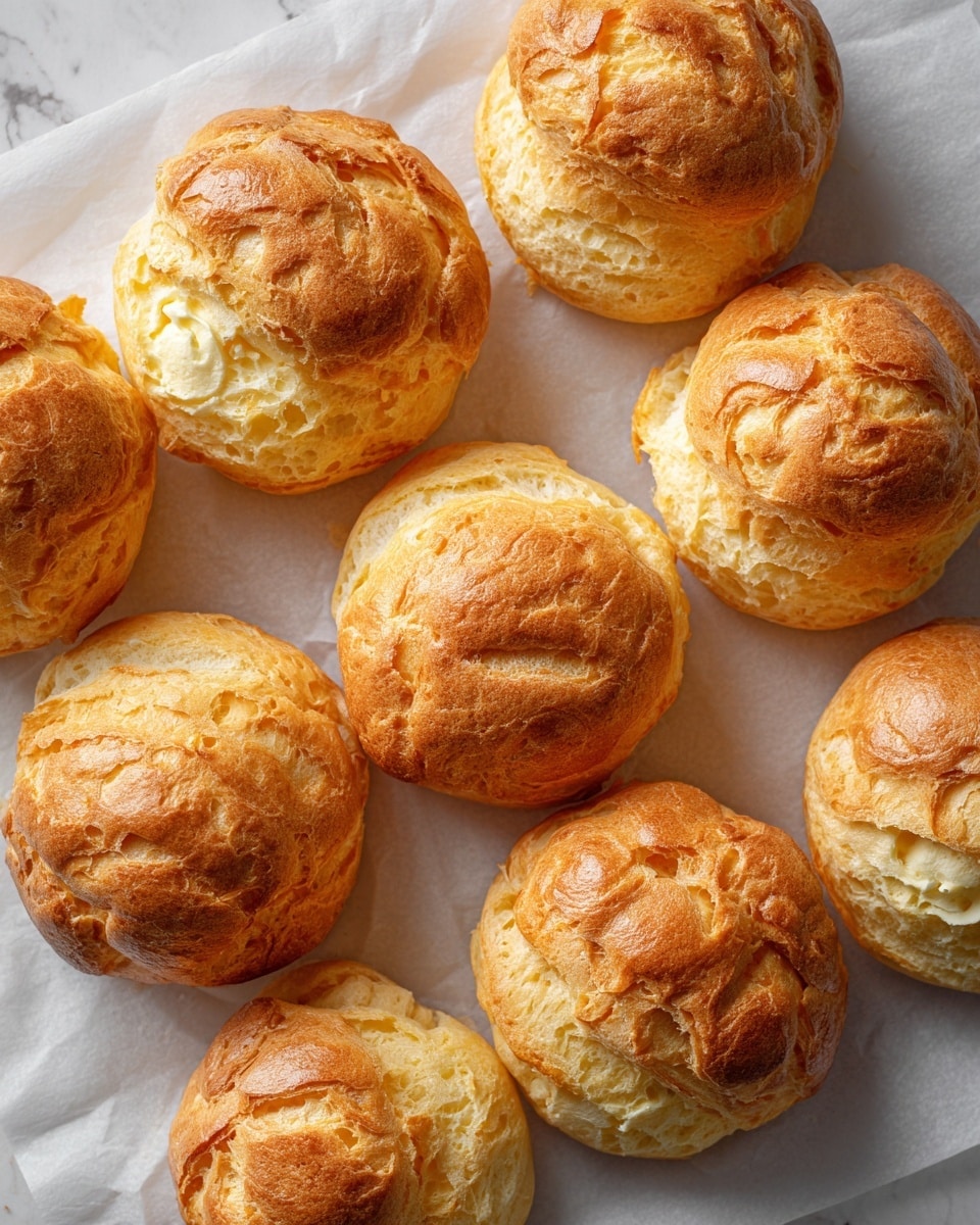 The image shows ten round cream puffs arranged in three rows on white baking paper. Each puff has a golden brown, slightly shiny, and textured top with swirled patterns and small cracks. The cream puffs have a light, airy look, with a soft outer shell that is slightly uneven but well-risen. The baking paper underneath is clean and smooth, resting on a white marbled background. photo taken with an iphone --ar 4:5 --v 7