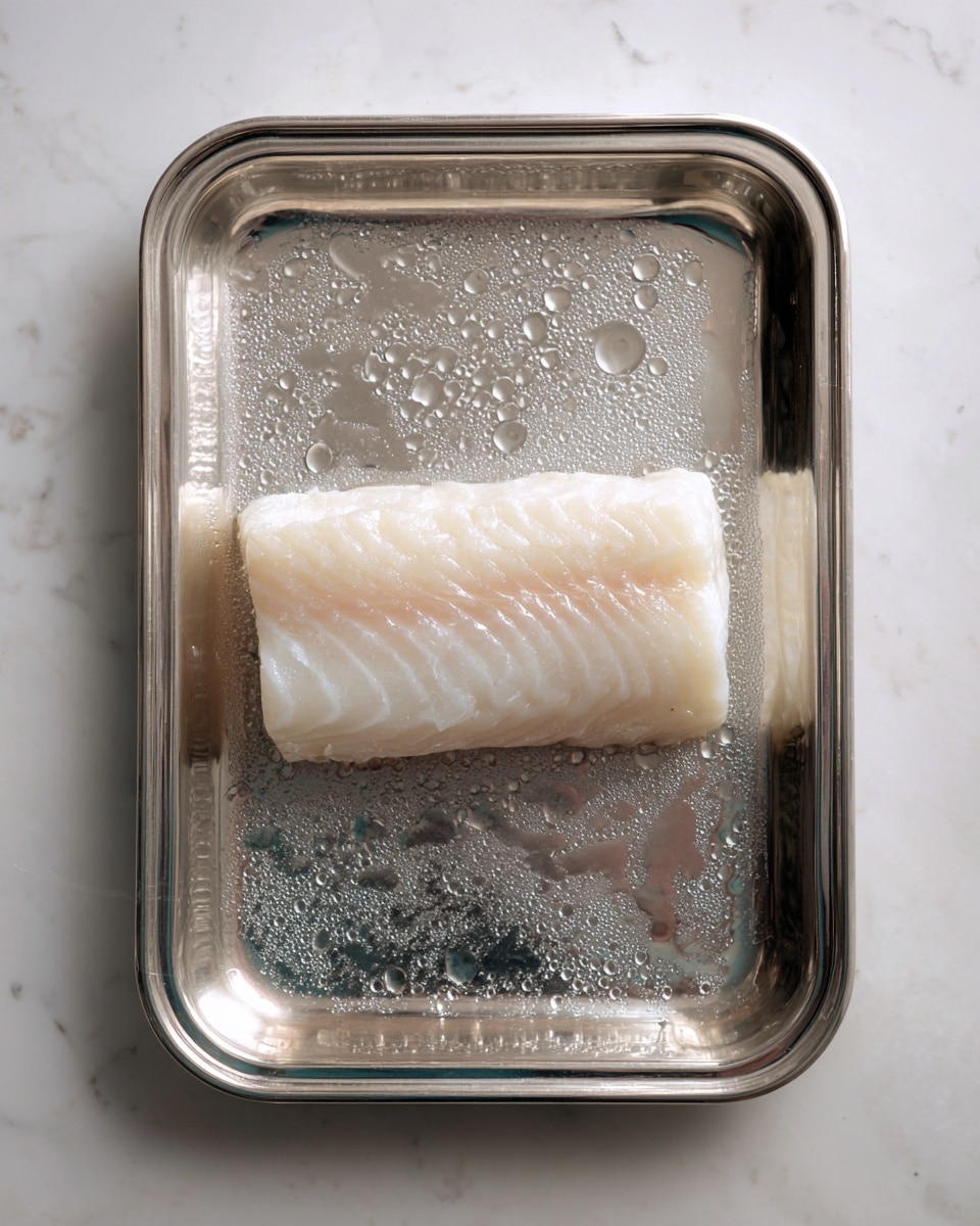 A single white fish fillet with a slightly flaky texture rests in the center of a shiny silver metal tray, which has small droplets of water scattered around it. The metal tray is placed on a white marbled surface. The fish fillet is rectangular and smooth with subtle ridges along its surface. Photo taken with an iphone --ar 4:5 --v 7