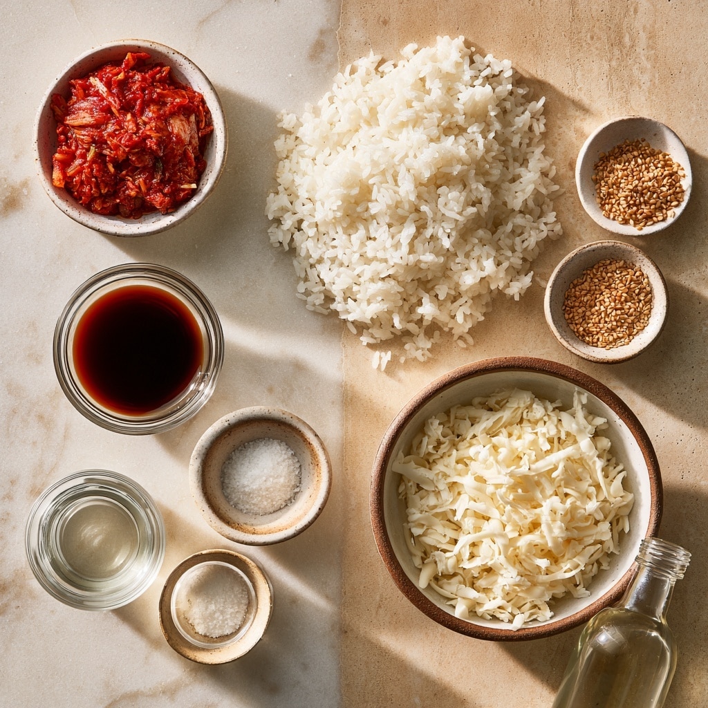 A clear glass bowl is filled with three visible layers: a bottom layer of light brown paste, a thick middle layer of soft, white rice, and a top layer of bright red chopped kimchi scattered with small, light beige sesame seeds. The bowl is placed on a white marbled surface. photo taken with an iphone --ar 4:5 --v 7