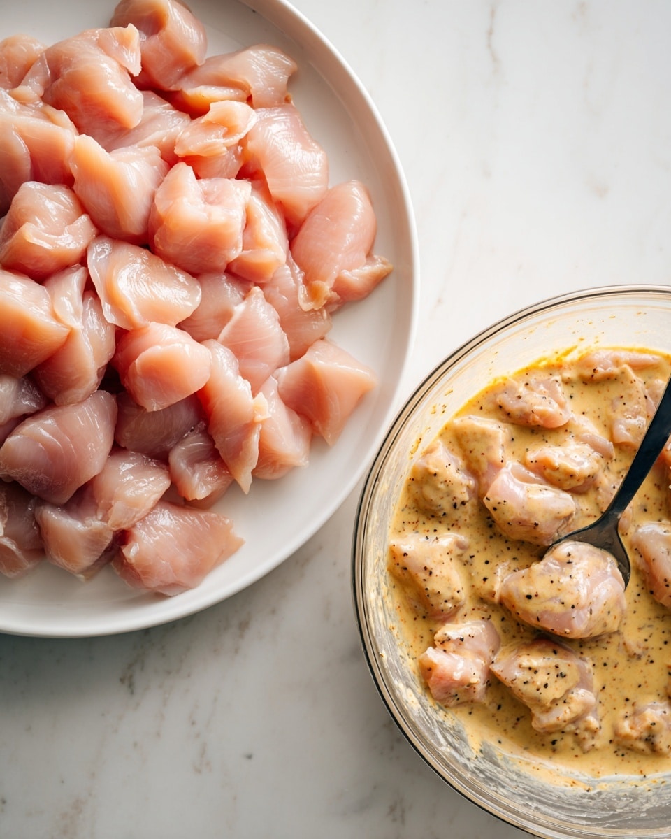 The image shows two parts side by side on a white marbled surface. On the left, there is a white plate filled with many small pieces of raw chicken, each piece light pink and smooth, closely placed together to form one even layer covering the whole plate. On the right, there is a clear glass bowl with many pieces of chicken dipped in a thick beige sauce with specks of black pepper, partially covered by the sauce, and a black spoon inside the bowl, resting among the chicken pieces. The scene is bright and clear, showing the texture of both the chicken and the sauce. Photo taken with an iphone --ar 4:5 --v 7