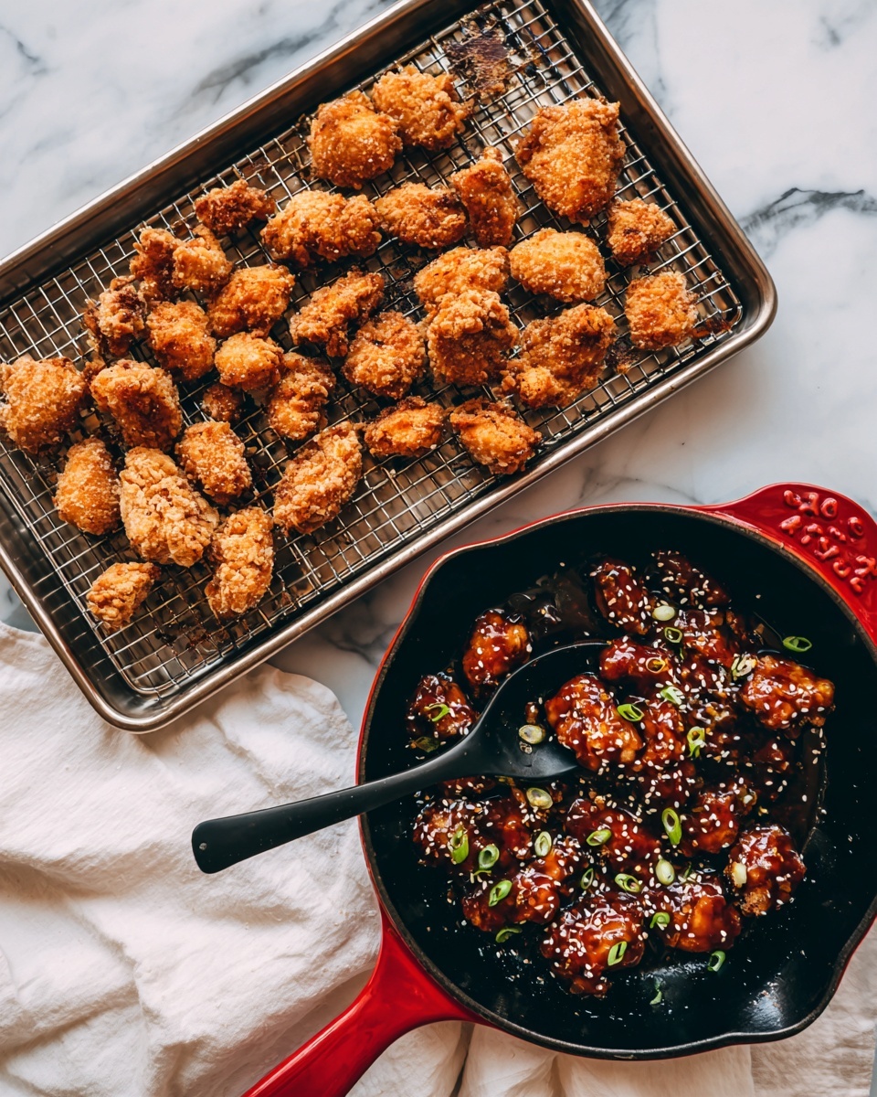 The image shows two parts: on the left, a metal baking tray with two wire racks full of golden brown fried chicken pieces placed closely together, all crispy and textured. On the right, the pieces are now coated with a shiny dark brown sauce and arranged in a black skillet with a red handle, sprinkled with white sesame seeds and small green onion slices. The skillet contains a black spoon lifting some chicken. The background is a white marbled texture with a white cloth partially visible. photo taken with an iphone --ar 4:5 --v 7