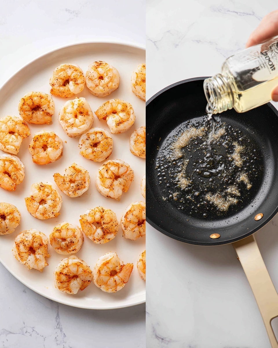 The image on the left shows a white round plate with about twenty medium-sized cooked shrimp arranged loosely in a scattered pattern. The shrimp are orange-pink with slight brown spices visible on their surface, giving them a slightly lightly cooked texture. The plate is on a white marbled surface. The right image shows a black frying pan with a beige handle on the same white marbled surface. The pan has some light brown bits in it and clear liquid being poured from a transparent bottle with a pale beige label. photo taken with an iphone --ar 4:5 --v 7