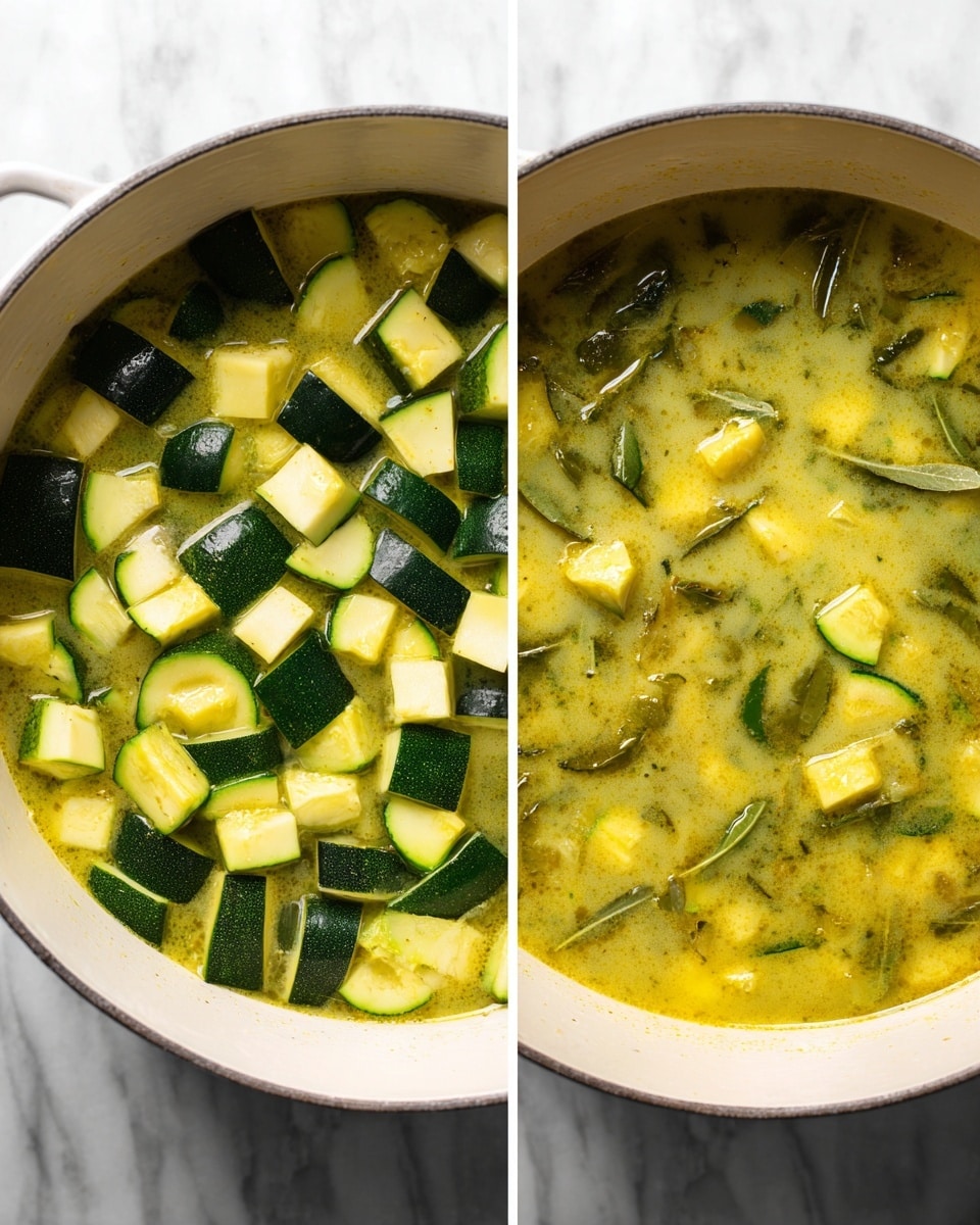 The image shows two side-by-side views of a large white pot on a white marbled surface. Inside the pot are chopped zucchini pieces with dark green skin and pale green flesh, floating in a pale yellow liquid with some light brown herbs scattered around. The left view displays the zucchini and cubes of another ingredient submerged in the yellow liquid, while the right view shows the same contents but cooked down into a thicker, more mixed soup or stew with softer textures and a glossy surface. The pot rim is visible and the background is softly blurred. Photo taken with an iphone --ar 4:5 --v 7