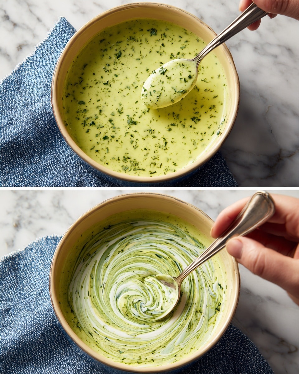 Two close-up images show a round pot with a creamy green sauce inside, placed on top of a white marbled surface with a blue and white cloth underneath. In the first image, a spoon is lifting some thick sauce, revealing its smooth texture with small green herb bits. In the second image, a woman's hand holding a spoon is swirling a lighter cream into the green sauce, creating a marbled swirl pattern on the surface. The pot has a light beige inside rim and the sauce looks rich and velvety. Photo taken with an iphone --ar 4:5 --v 7