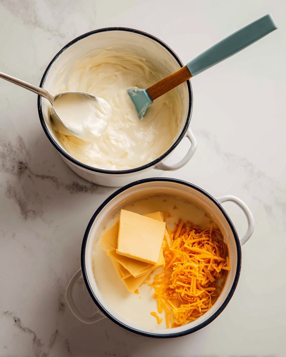 The image shows two white pots with black rims on a white marbled surface. The left pot contains a thick white creamy mixture being stirred with a turquoise spatula, while a small white jug pours more white liquid into it. In the right pot, there is a layer of creamy white sauce as the base, with three slices of light yellow cheese placed on top and a small pile of shredded orange cheese next to them. The same turquoise spatula rests inside the pot. photo taken with an iphone --ar 4:5 --v 7