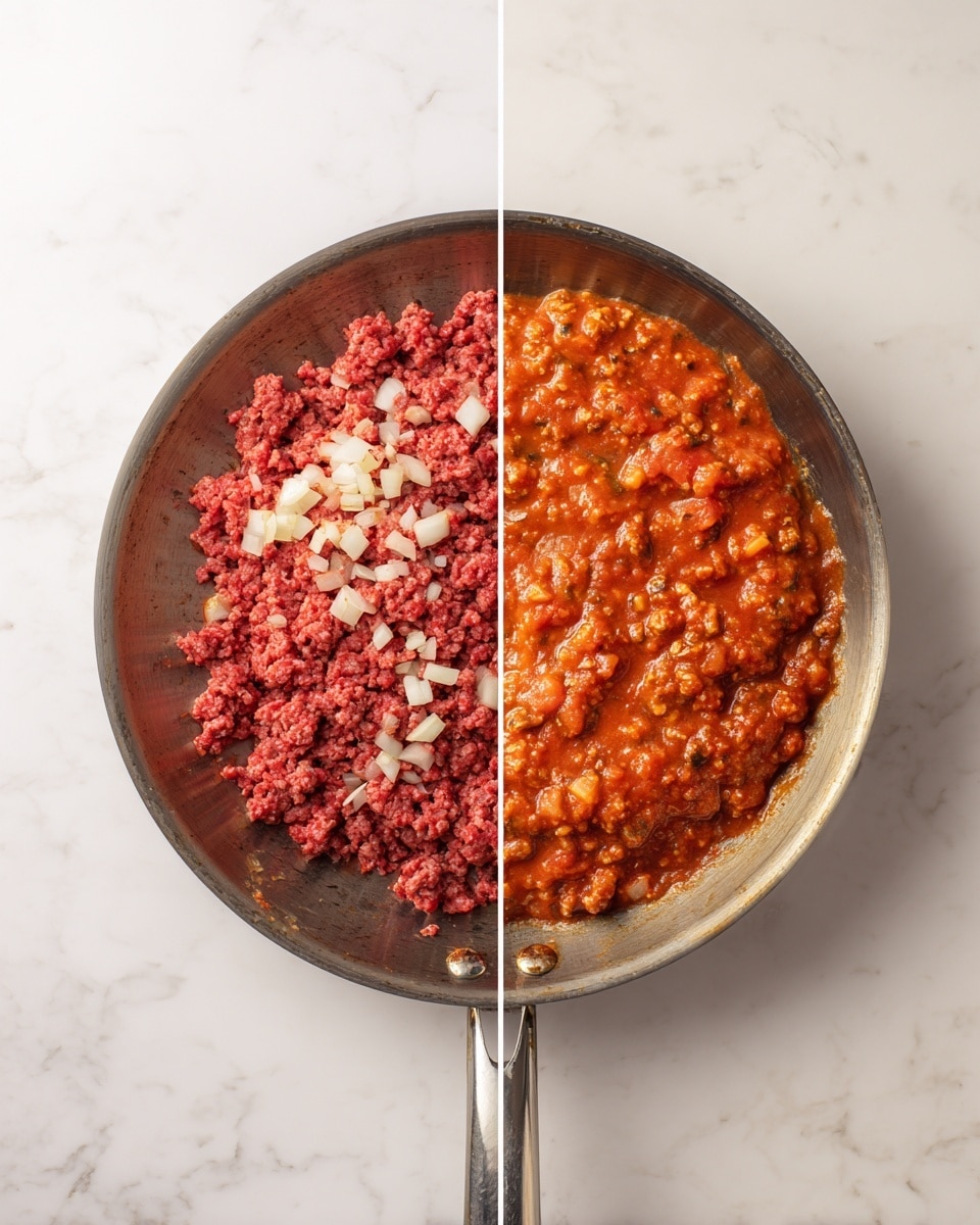 The image shows two side-by-side views of a metal frying pan on a white marbled surface. The left side shows raw ground meat in a deep red color mixed with small pieces of white chopped onions, both spread evenly across the pan. The right side shows the same frying pan filled with cooked meat sauce, rich in a red-orange tomato color with a thick, chunky texture from the meat and diced tomatoes. The pan’s handle points toward the upper right corner in both views. photo taken with an iphone --ar 4:5 --v 7